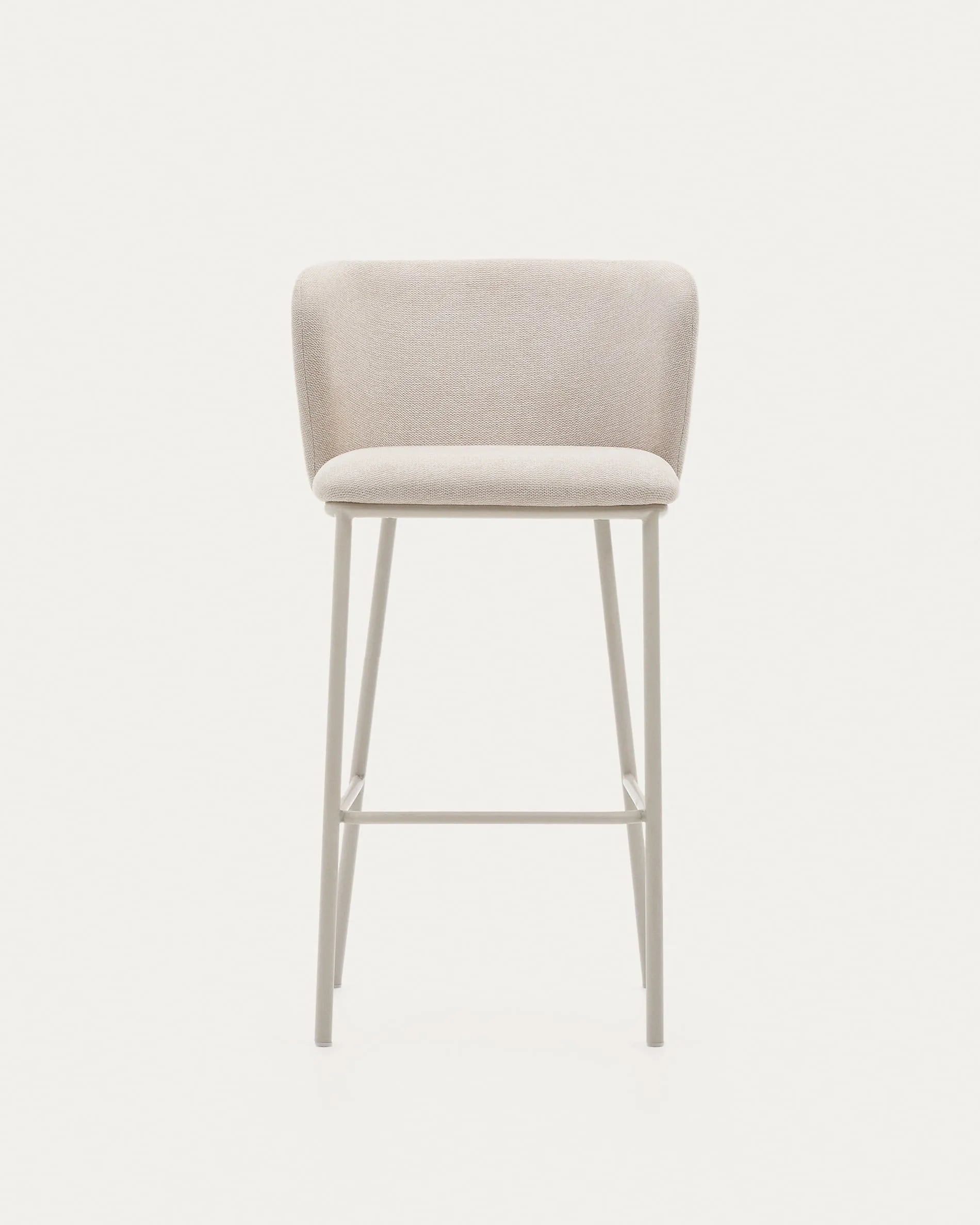 Eleganter Hocker aus beigefarbenem Chenille und Stahl, 75 cm hoch, FSC-zertifiziert, ideal für stilvolle und nachhaltige Räume.