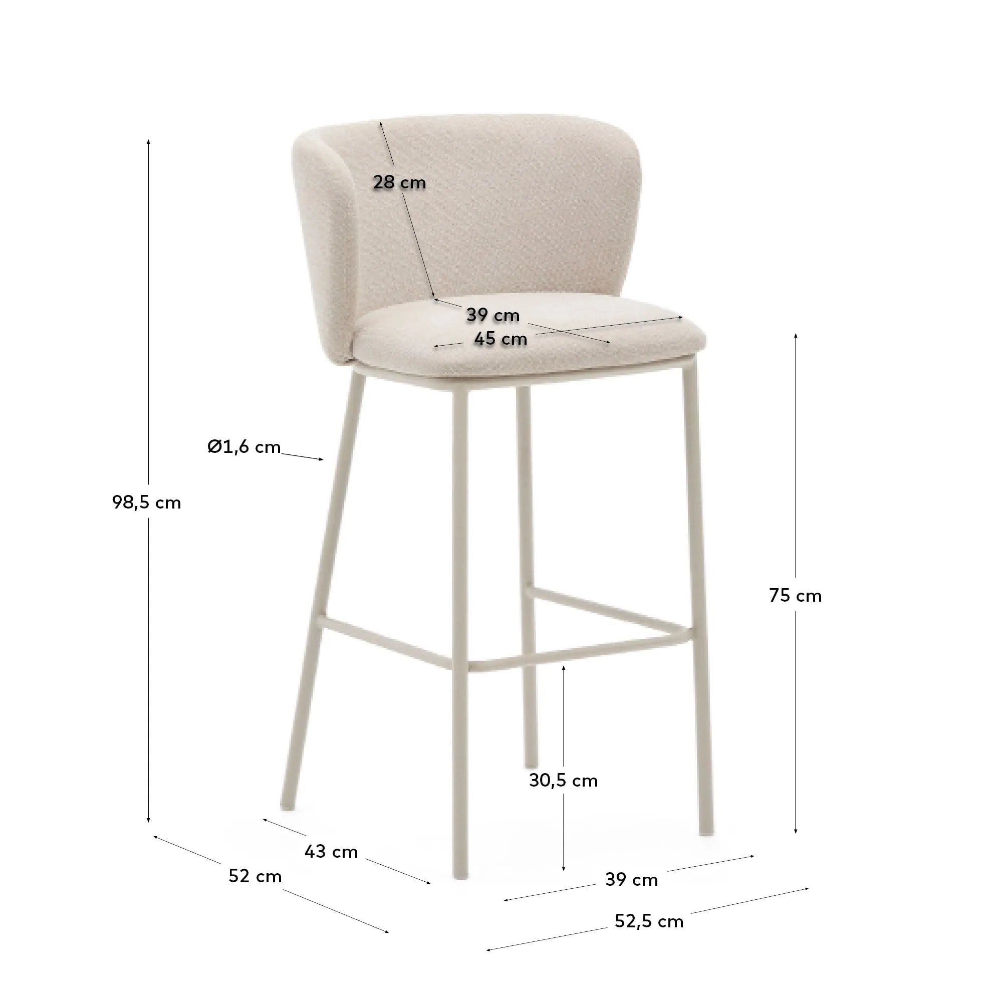 Eleganter Hocker aus beigefarbenem Chenille und Stahl, 75 cm hoch, FSC-zertifiziert, ideal für stilvolle und nachhaltige Räume.