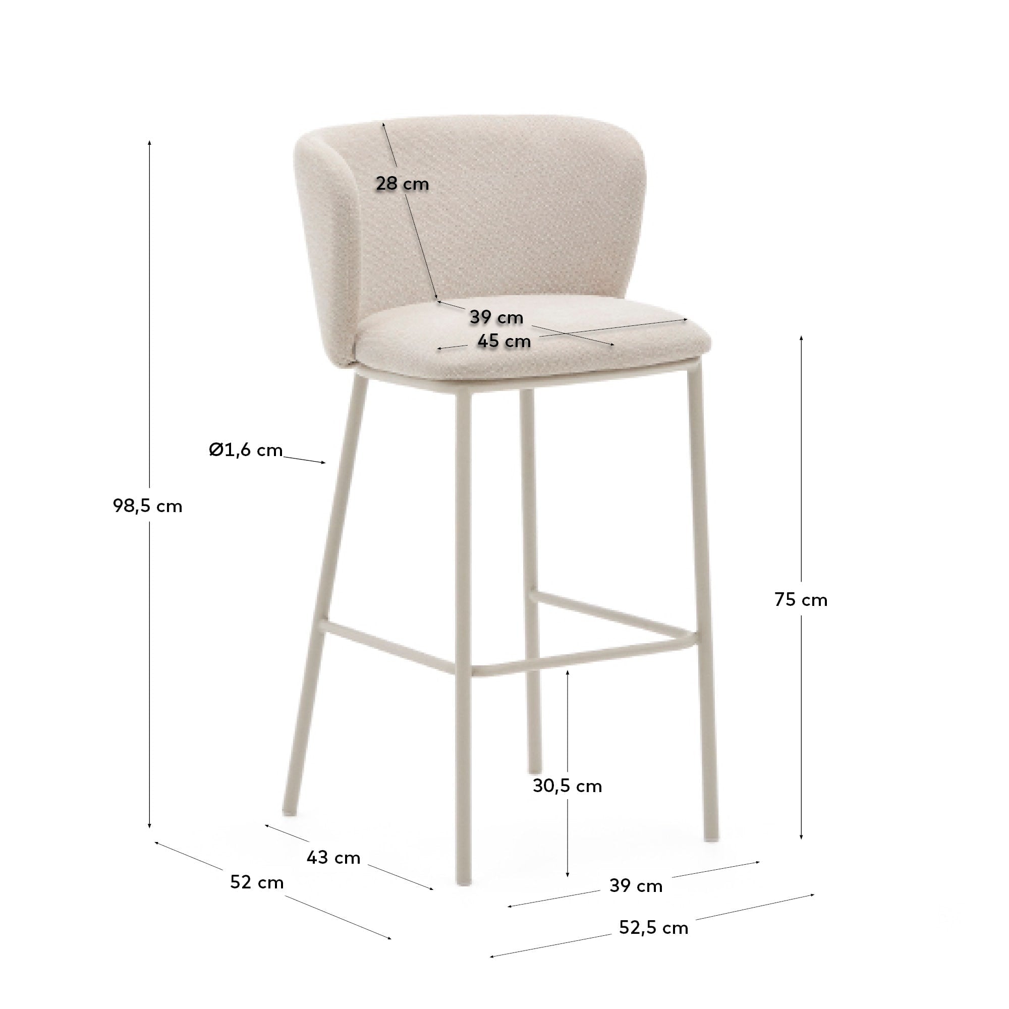 Eleganter Hocker Ciselia, 75 cm, aus beigem Chenille und Stahl, FSC-zertifiziert, ideal für moderne und umweltbewusste Einrichtungen.