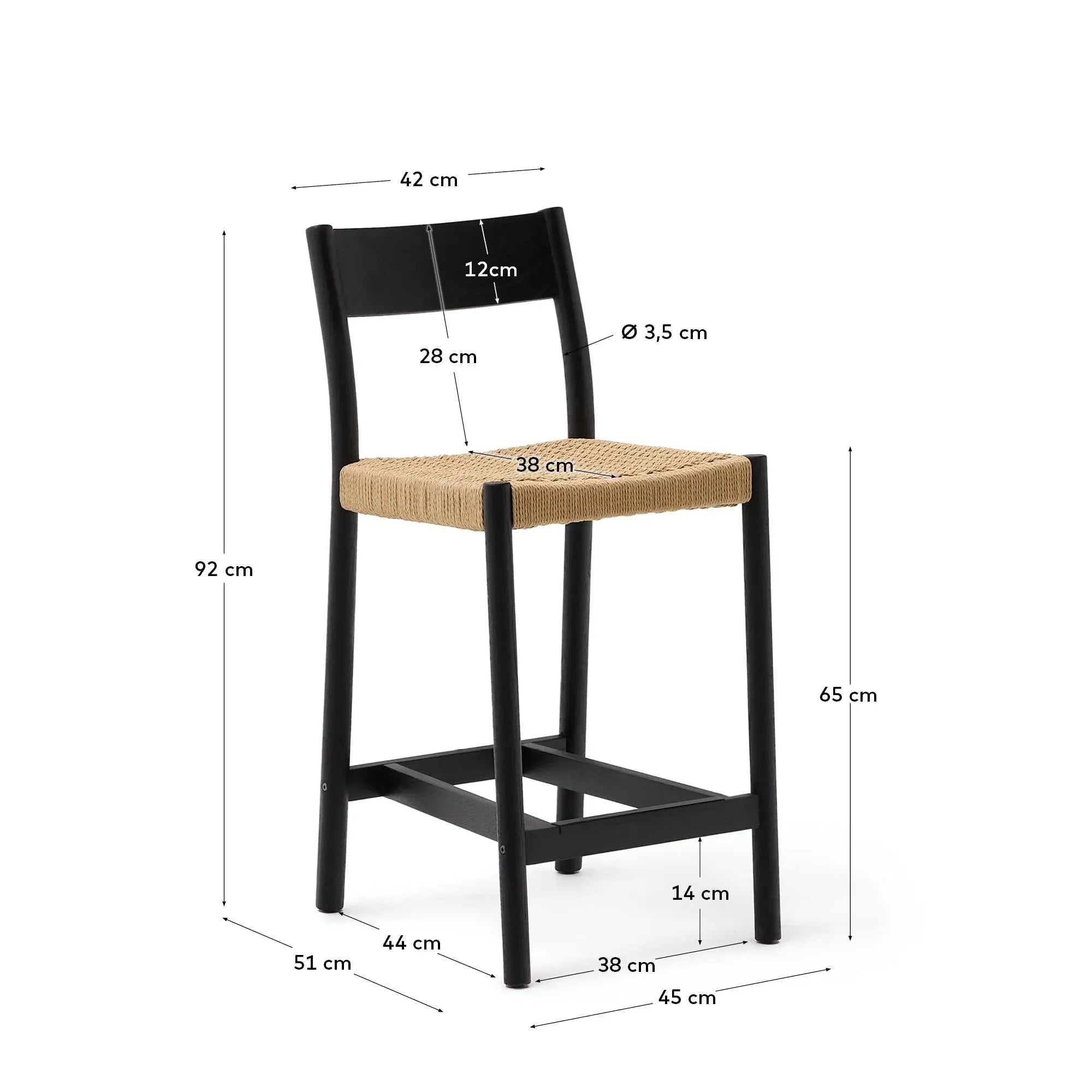 Barhocker Yalia, 65 cm, aus FSC-zertifiziertem Eichenholz mit schwarzem Finish und Seilsitz, perfekt für moderne Wohnräume.