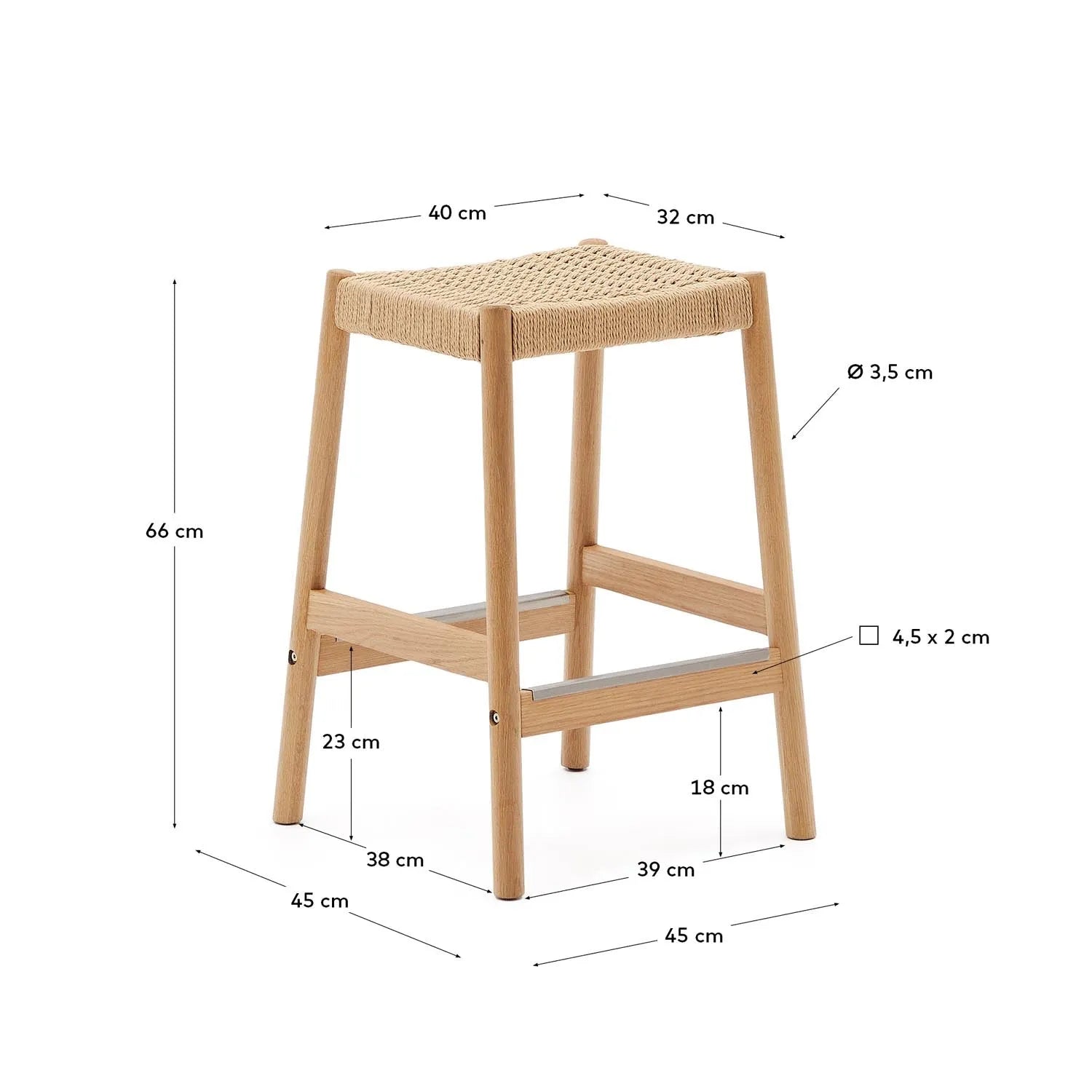 Stilvoller Eichenhocker mit Seilsitz, 65 cm, FSC-zertifiziert, Kave Home.