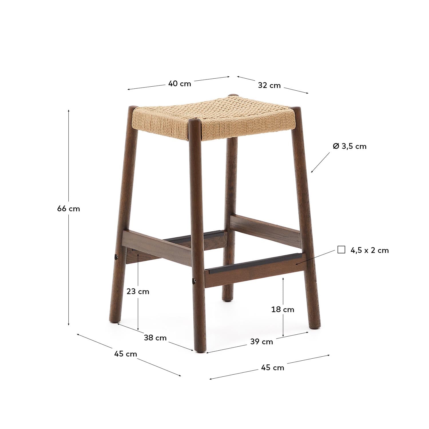 Yalia Hocker: Eiche, Nussbaum-Finish, Seilsitz, 65 cm, FSC 100%.