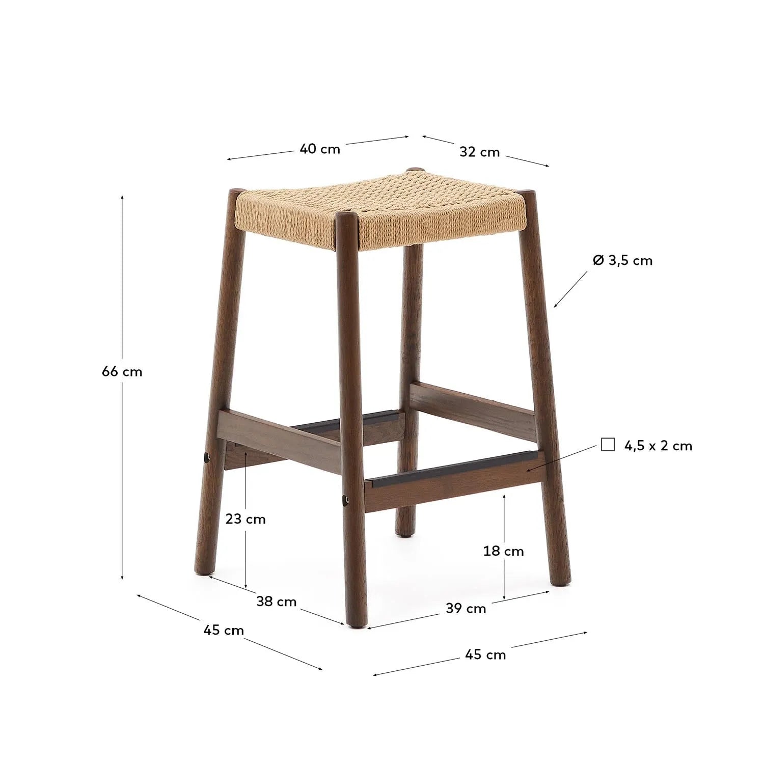 Yalia Hocker: Eiche, Nussbaum-Finish, Seilsitz, 65 cm, FSC 100%.