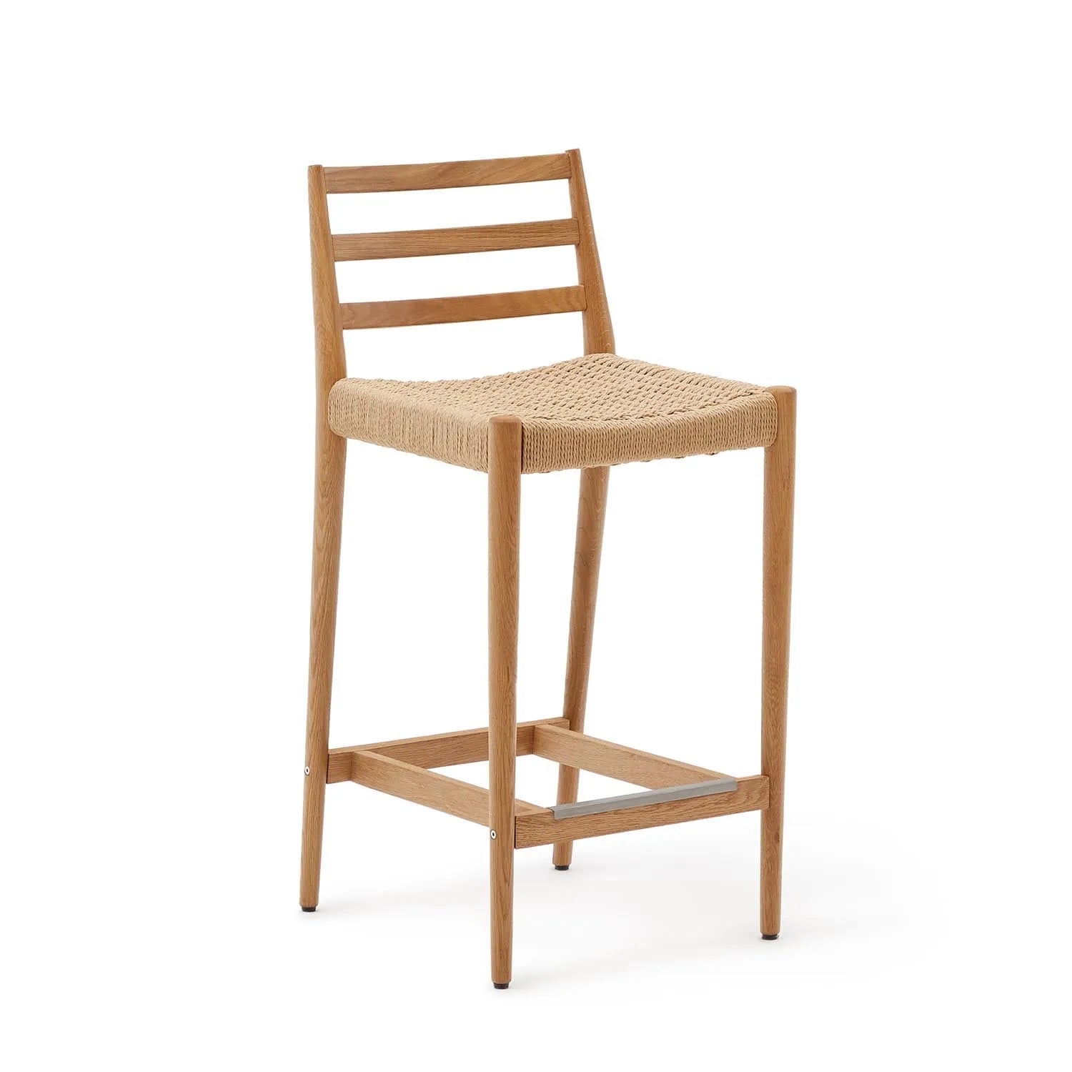 3D-Modell eines modernen Barhockers aus Eichenholz mit Seilsitz, ideal für stilvolle Küchen und Bars.