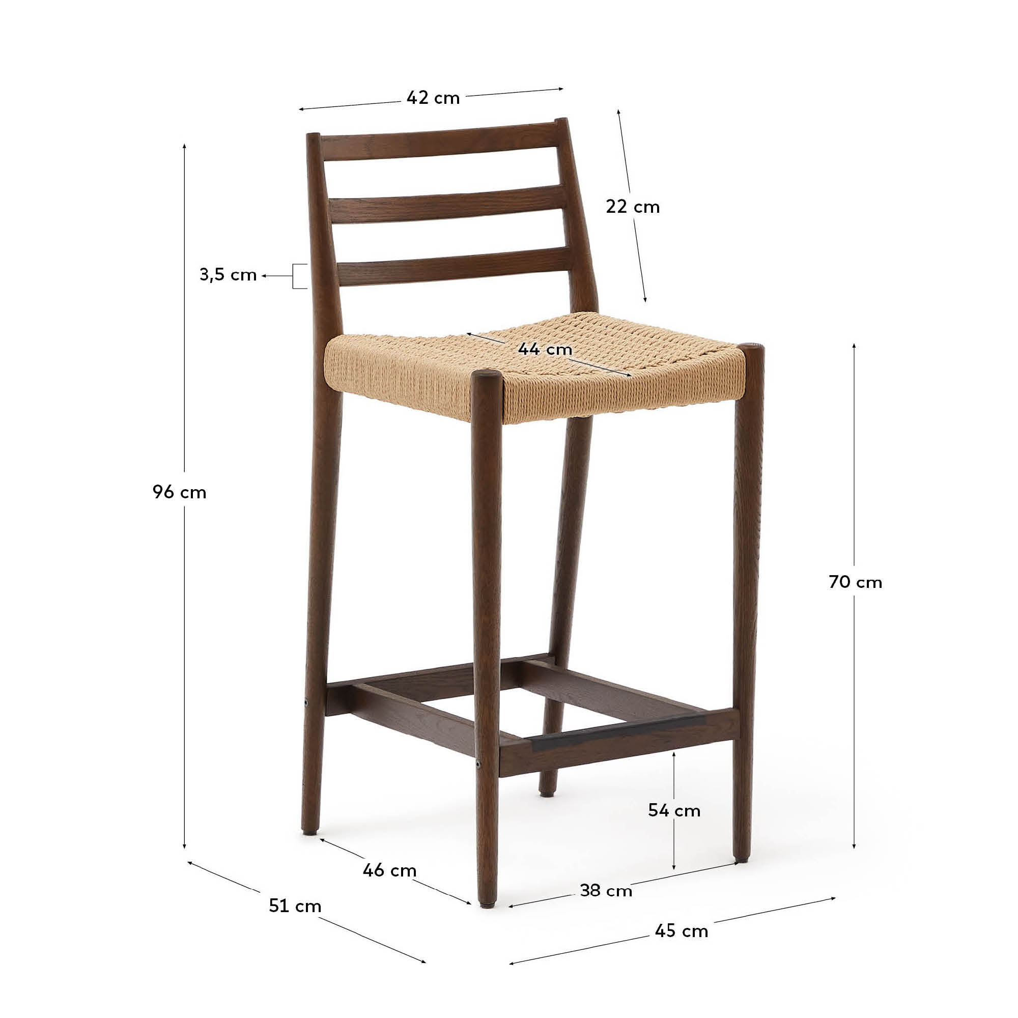 Stilvoller Barhocker aus Eichenholz mit Nussbaum-Finish, Seilsitz, 70 cm hoch, FSC-zertifiziert, von Kave Home.