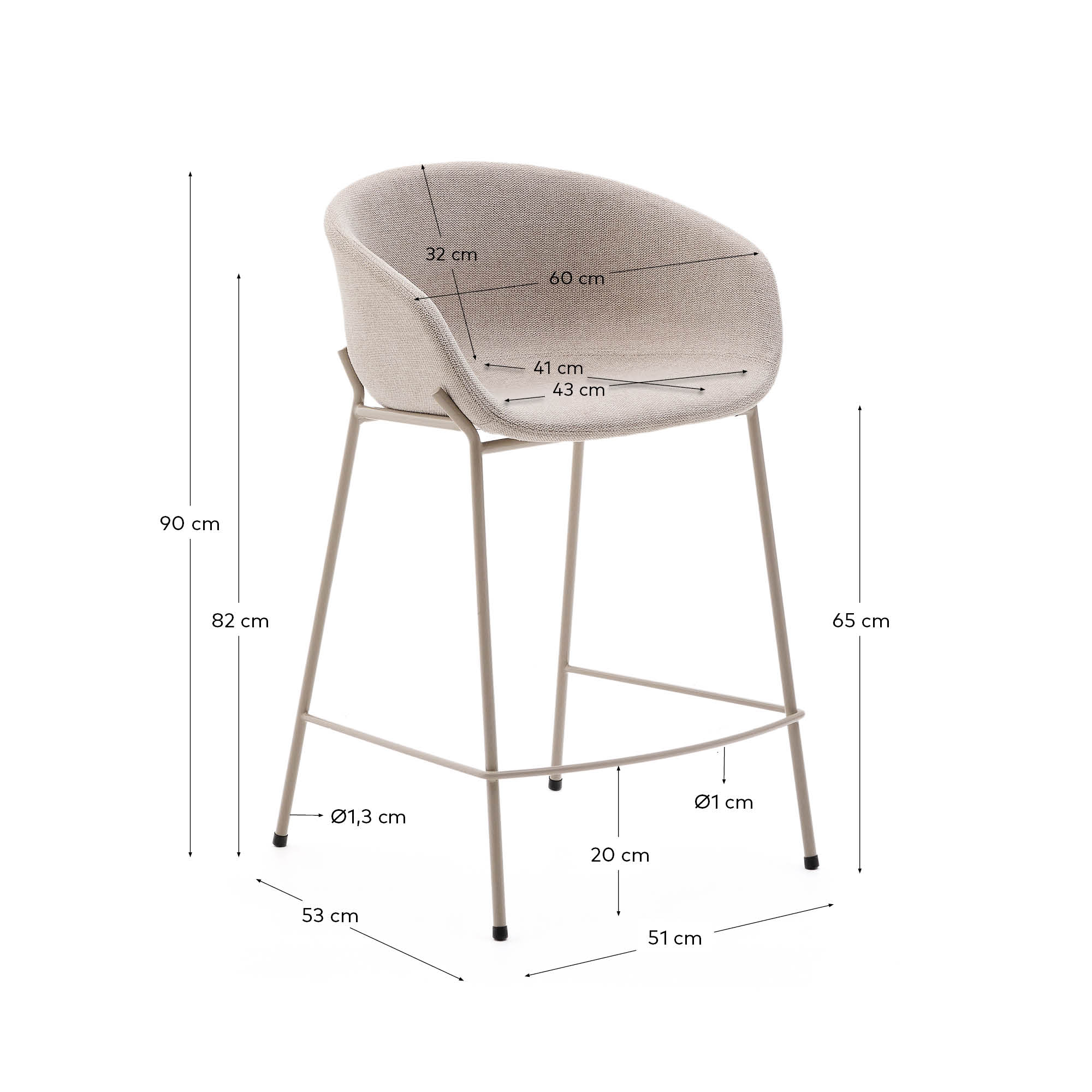 Moderner Hocker Yvette in sanftem Beige, aus strapazierfähigem Chenille und stabilen Stahlbeinen – perfekt für jeden Raum.