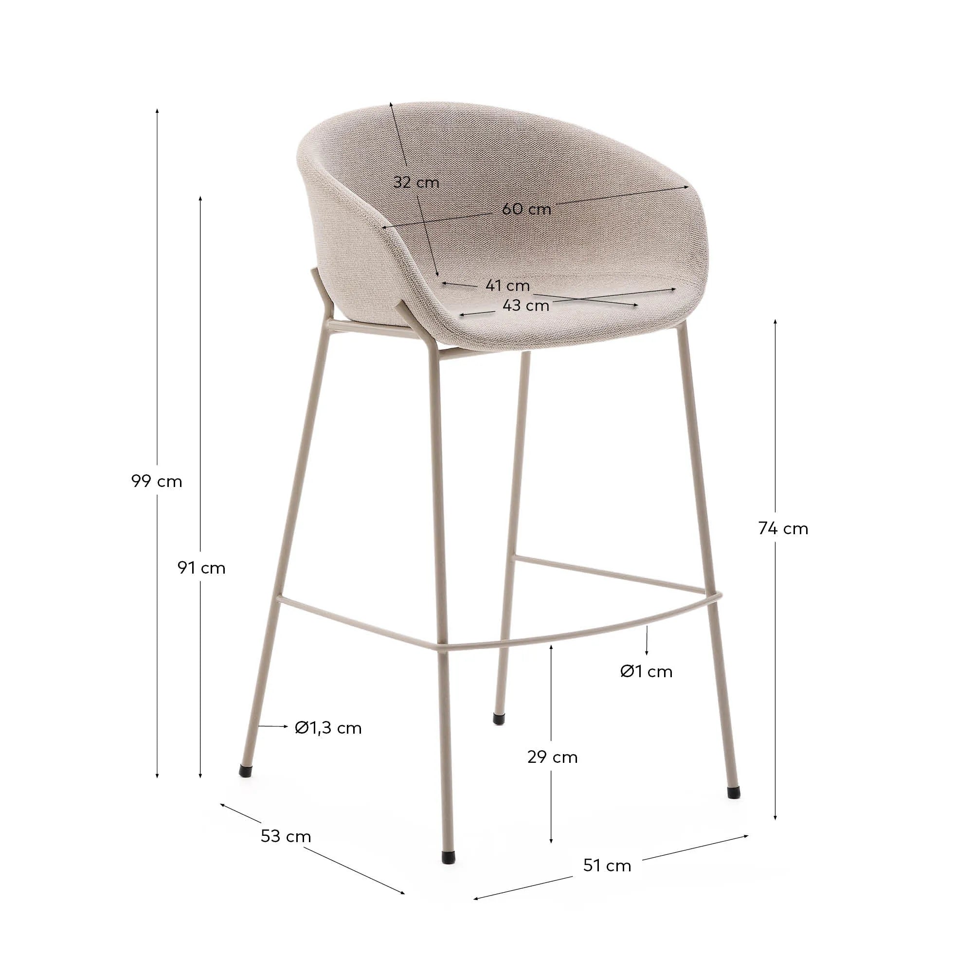 Eleganter Hocker Yvette: Beigefarbene Chenille-Sitzfläche, Stahlbeine mit Finish, 75 cm hoch, ideal für moderne Räume.
