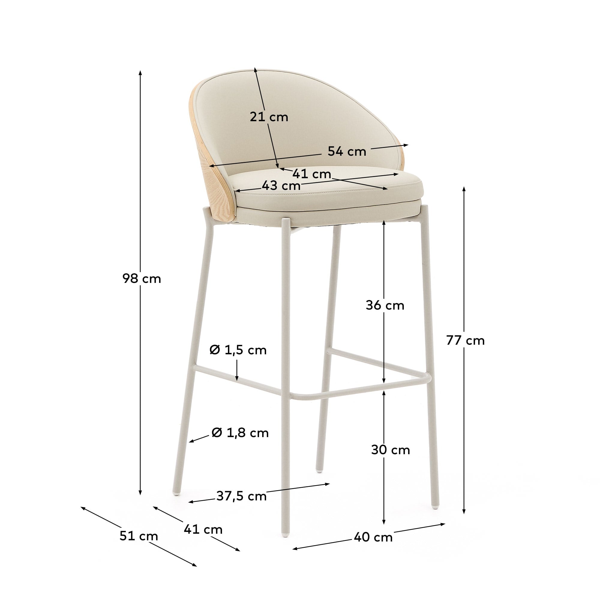 Moderner Eamy Hocker, 77 cm hoch, mit beigem Kunstleder, natürlichem Eschenfurnier und Metallakzenten, ideal für stilvolle Räume.