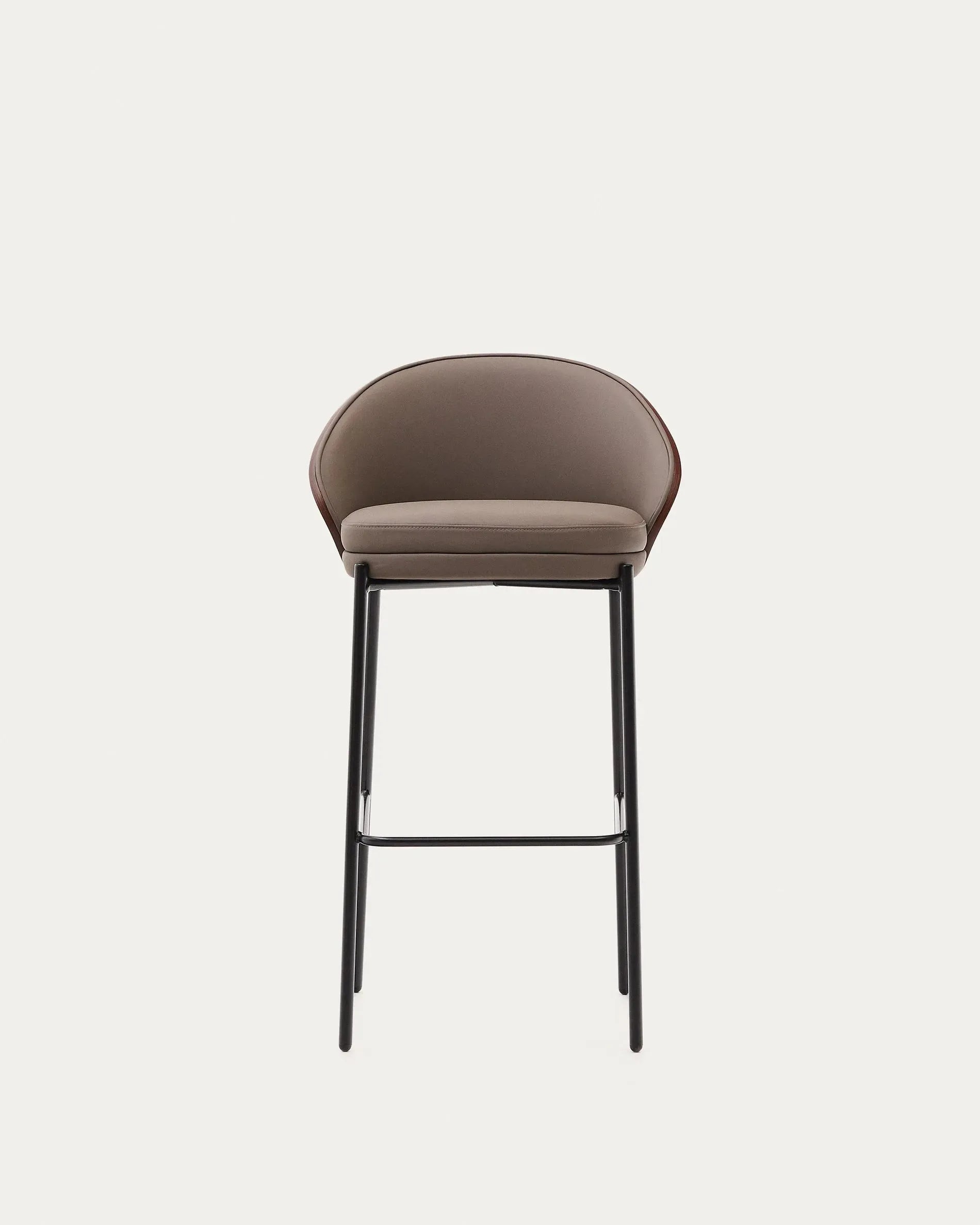 Eleganter Eamy Hocker mit braunem Kunstleder, Nussbaum-Eschenfurnier und braunem Metall, 77 cm hoch, ideal für modernes Interieur.