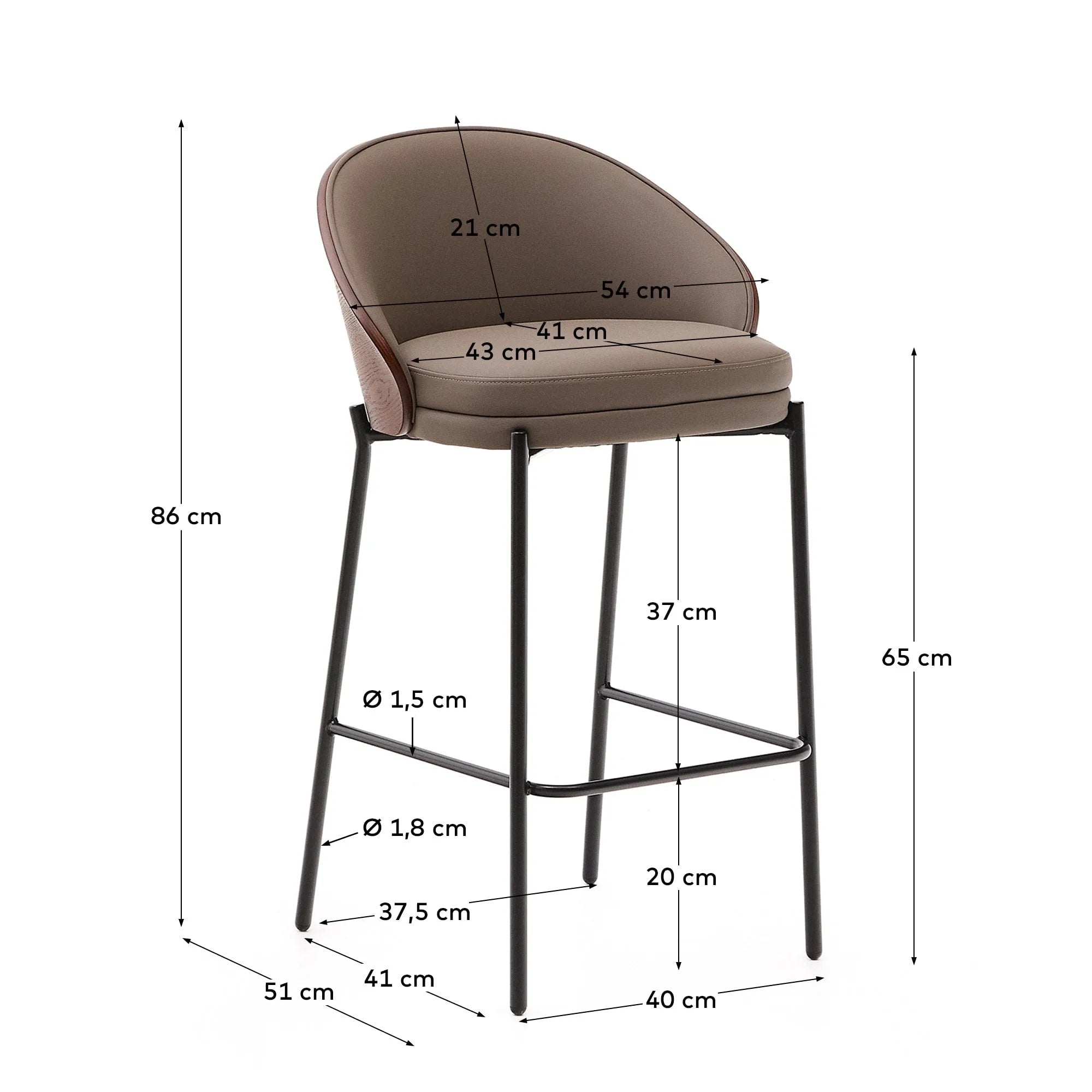 Eleganter Hocker mit braunem Kunstleder, Nussbaum-Eschenfurnier und schwarzem Metall, ideal für moderne und stilvolle Einrichtungen.
