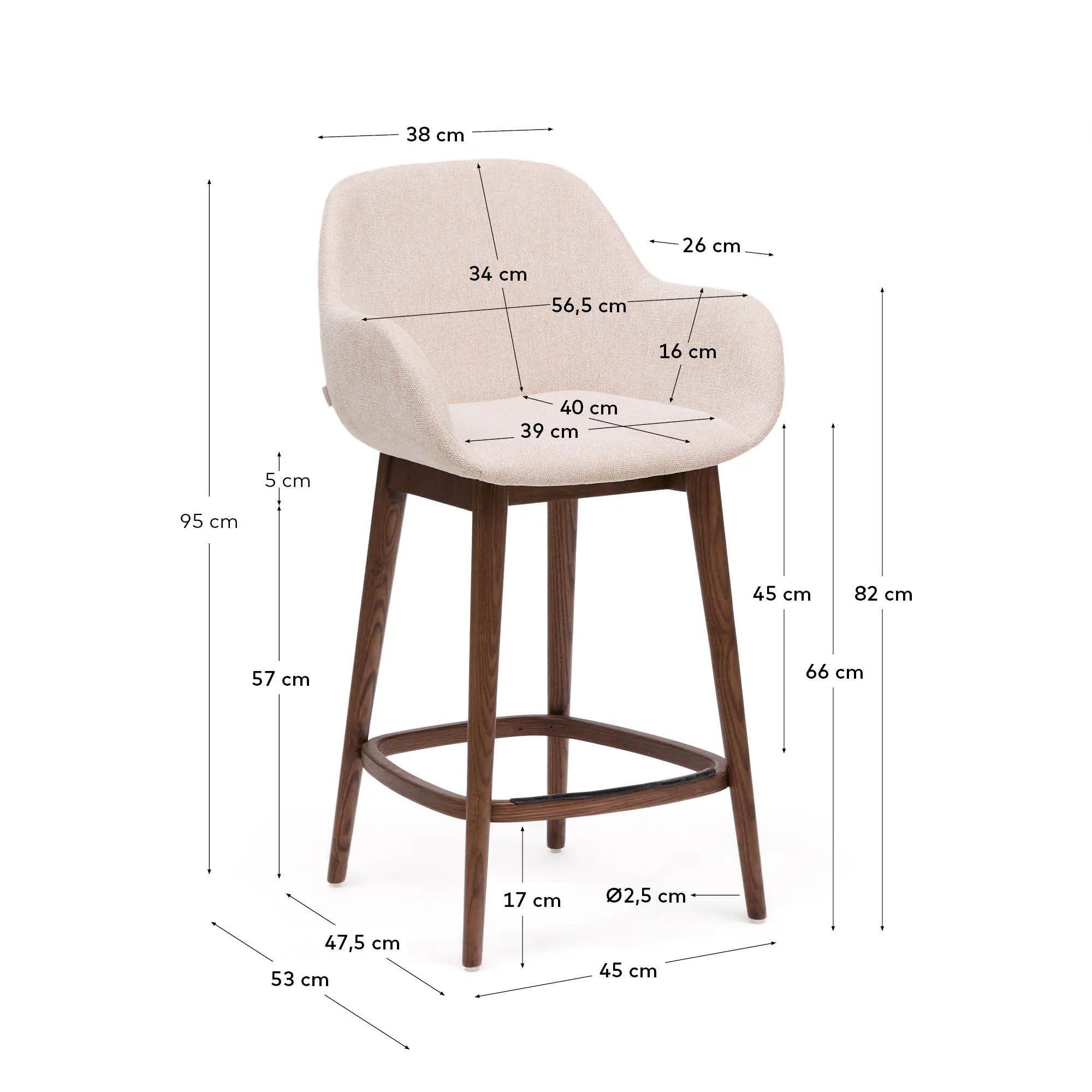 Beigefarbener Hocker Konna, 65 cm, mit robusten Beinen aus dunklem Eschenholz und stilvollem Design, von Kave Home.