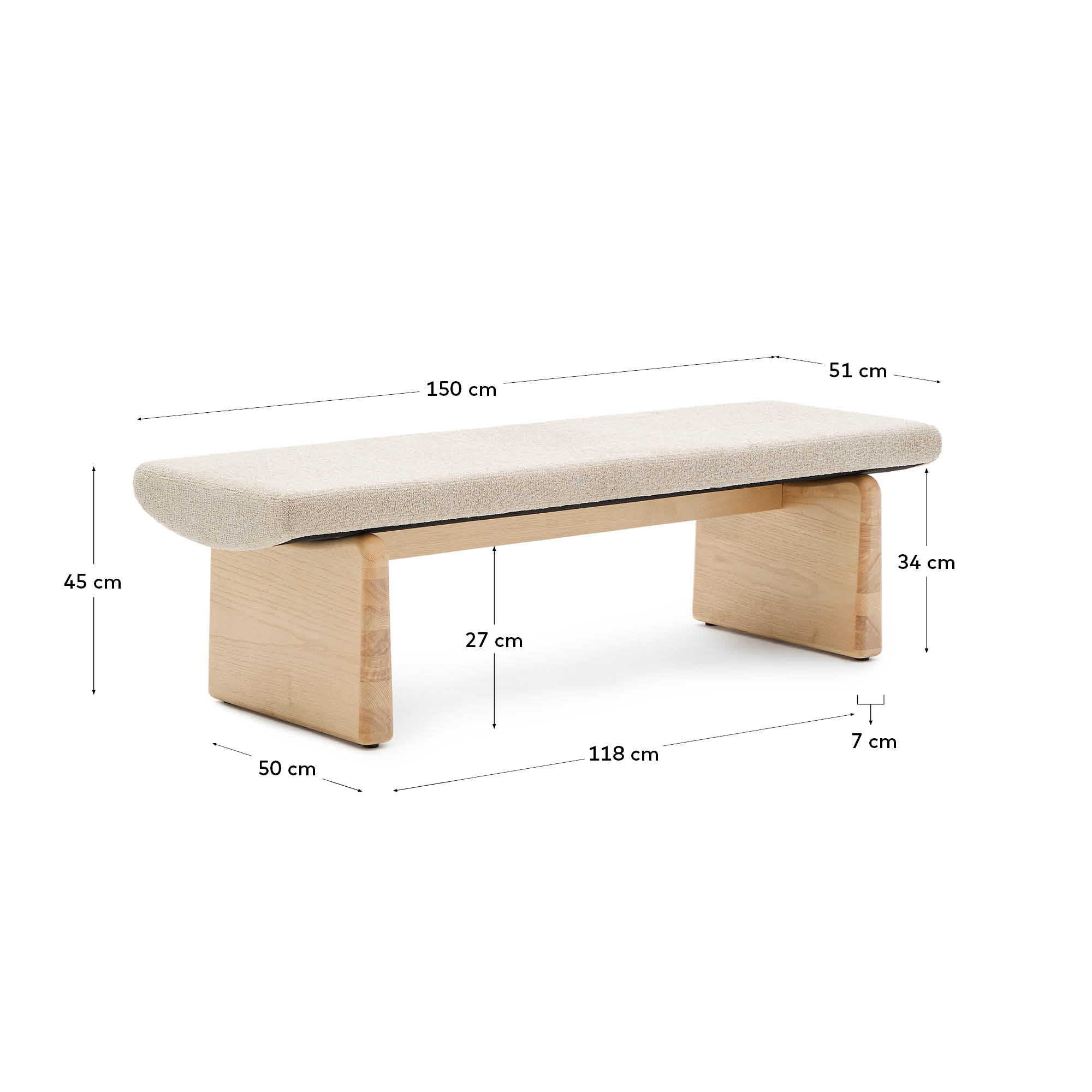 Polsterbank Topaz, 150 cm, aus beigem Chenille und Eschenholz mit natürlichem Finish, FSC-zertifiziert, von Kave Home.
