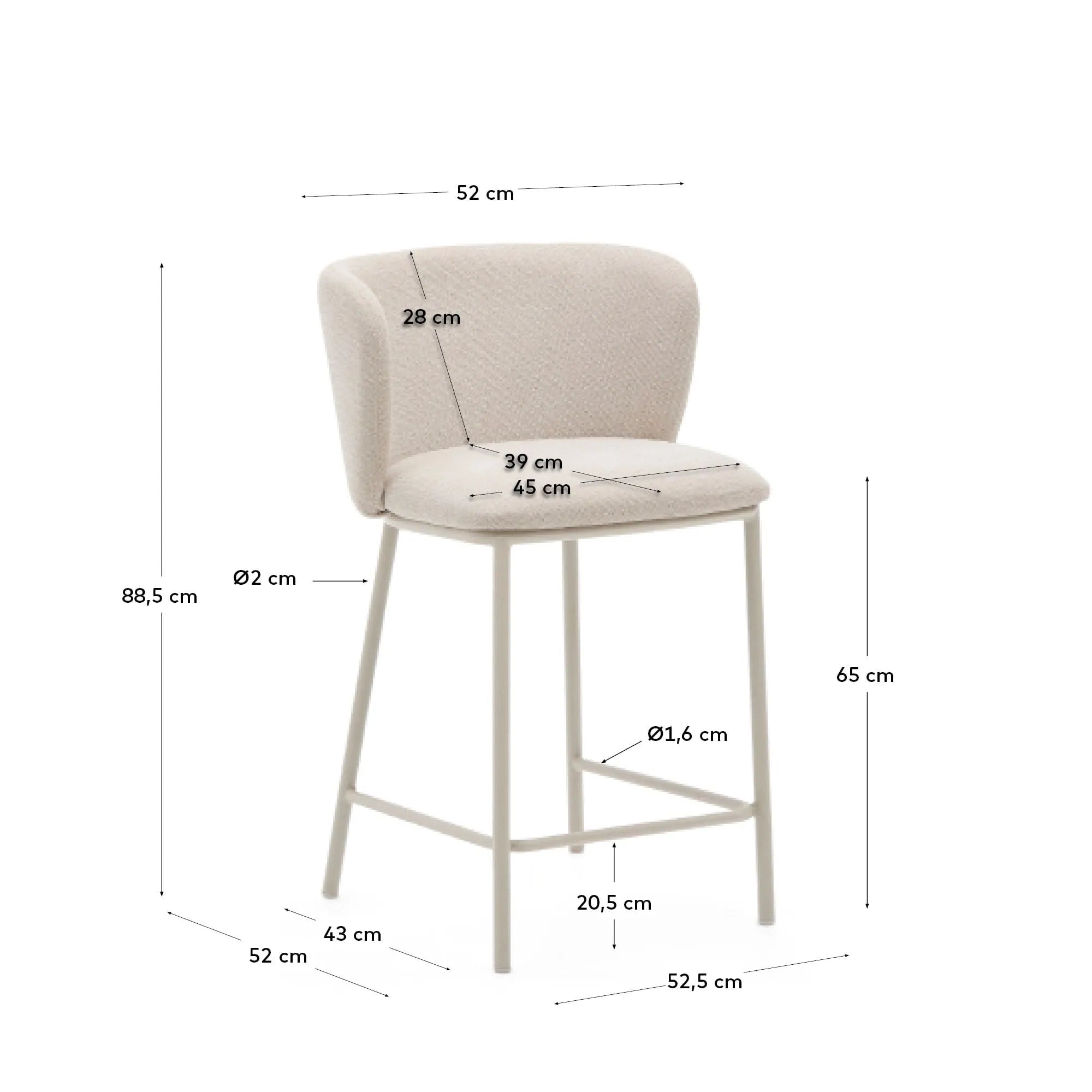 Eleganter Hocker aus Chenille und Stahl, 65 cm hoch, FSC-zertifiziert, ideal für stilvolle Räume.
