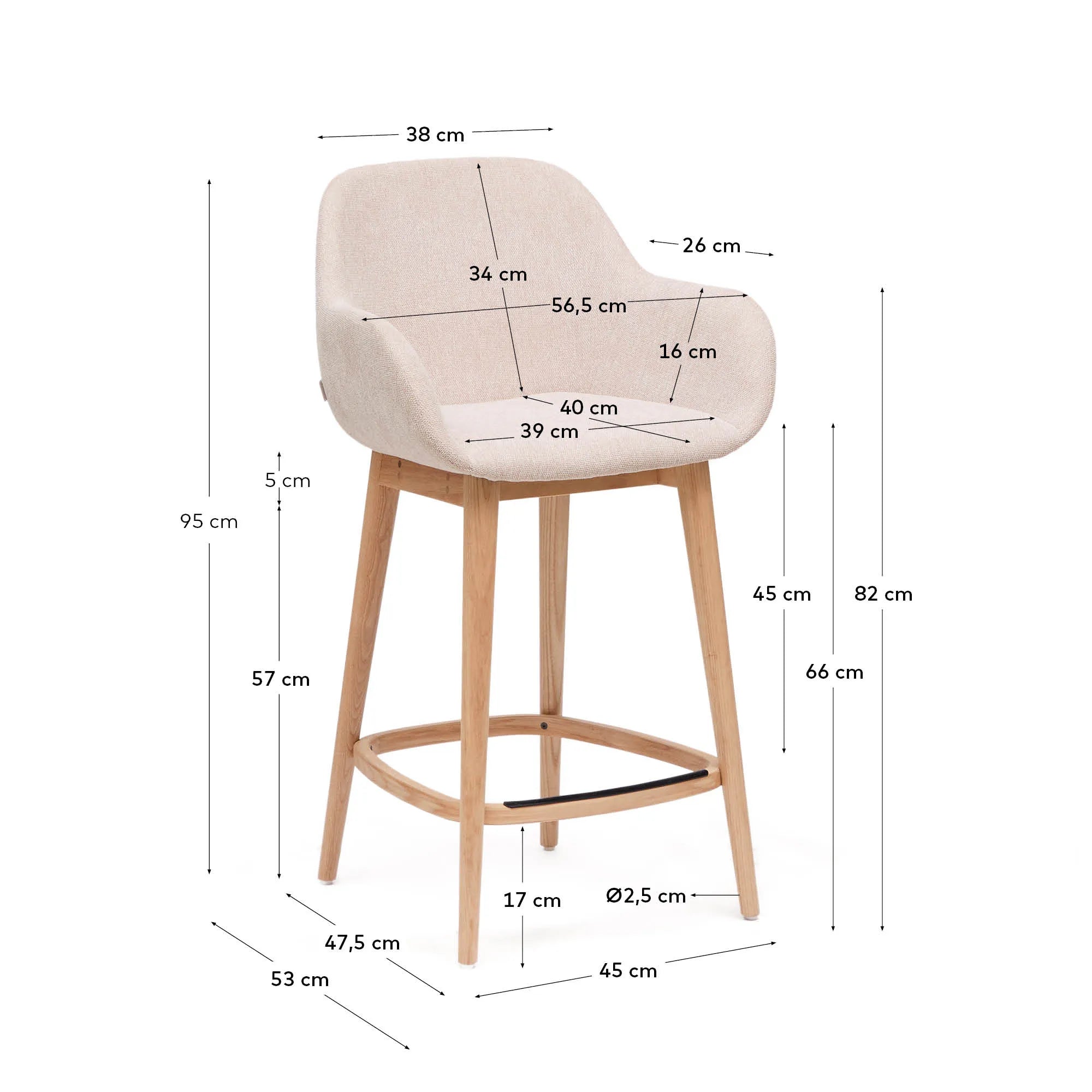 Beiger Hocker Konna, 65 cm, mit robusten Eschenholzbeinen und modernem Design, perfekt für stilvolle Wohnräume.