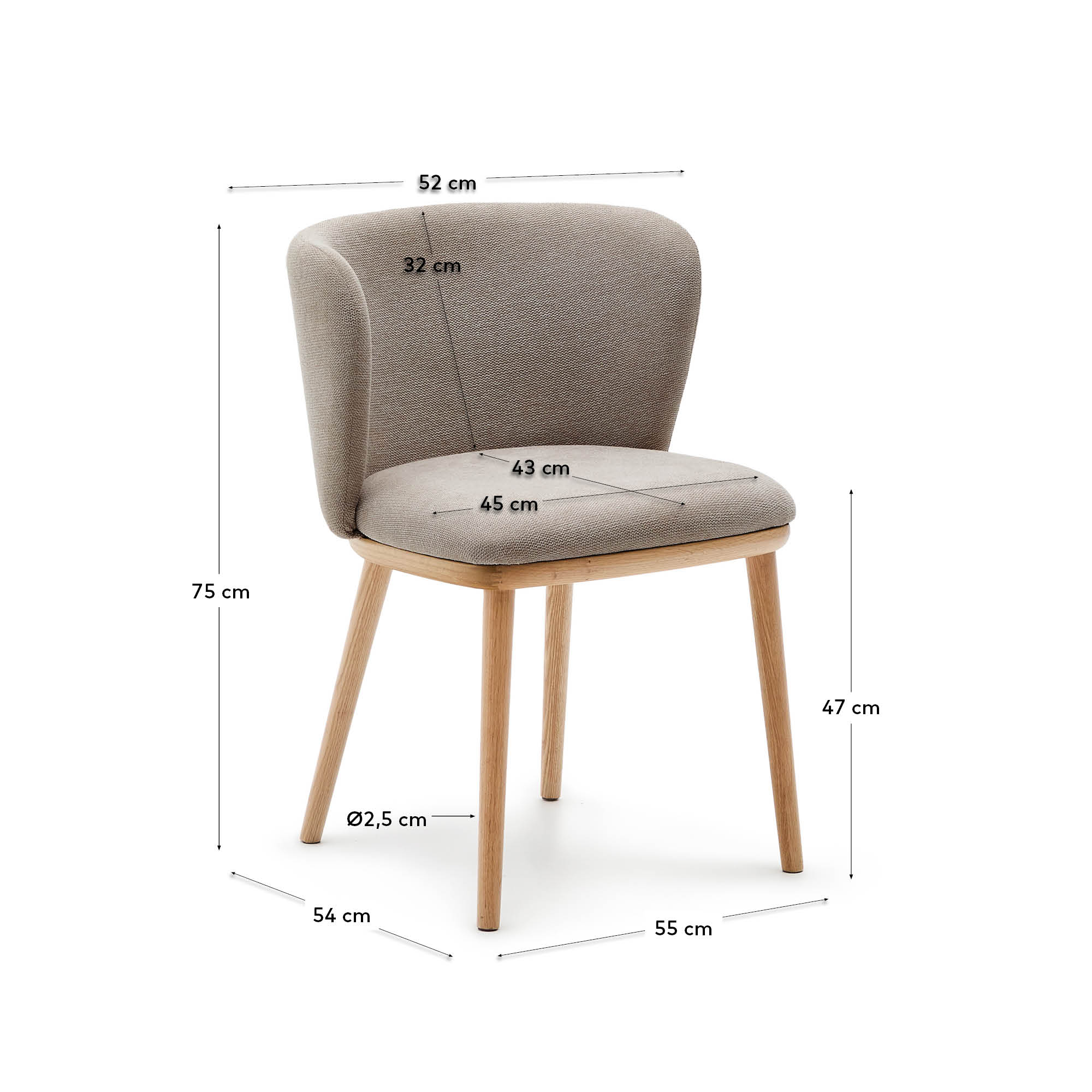 Stuhl Ciselia: braune Chenille, massives Eschenholz mit natürlichem Finish, FSC-zertifiziert, von Kave Home.