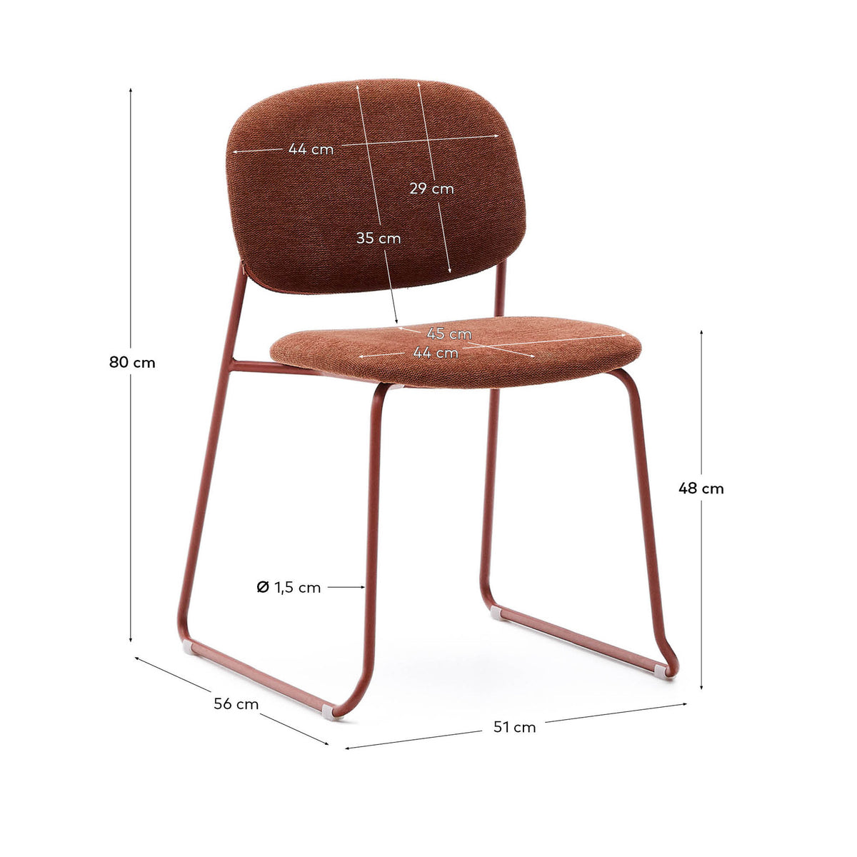 Stapelbarer Stuhl Meli mit terrakottafarbener Chenille und terrakottafarbenen Metallbeinen FSC Mix Credit in Terrakotta präsentiert im Onlineshop von KAQTU Design AG. Stuhl ist von Kave Home