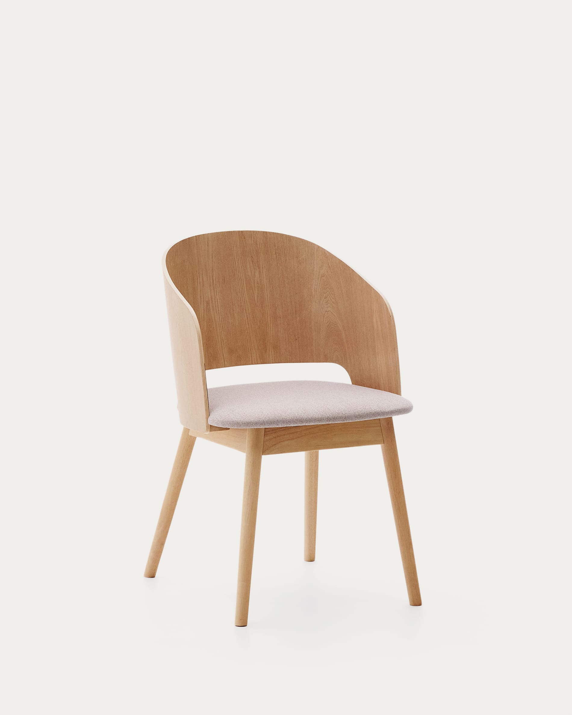 Stuhl Senoa aus Eschefurnier und massivem Kautschukholz mit naturfarbenem Finish und beigefarbener Chenille
