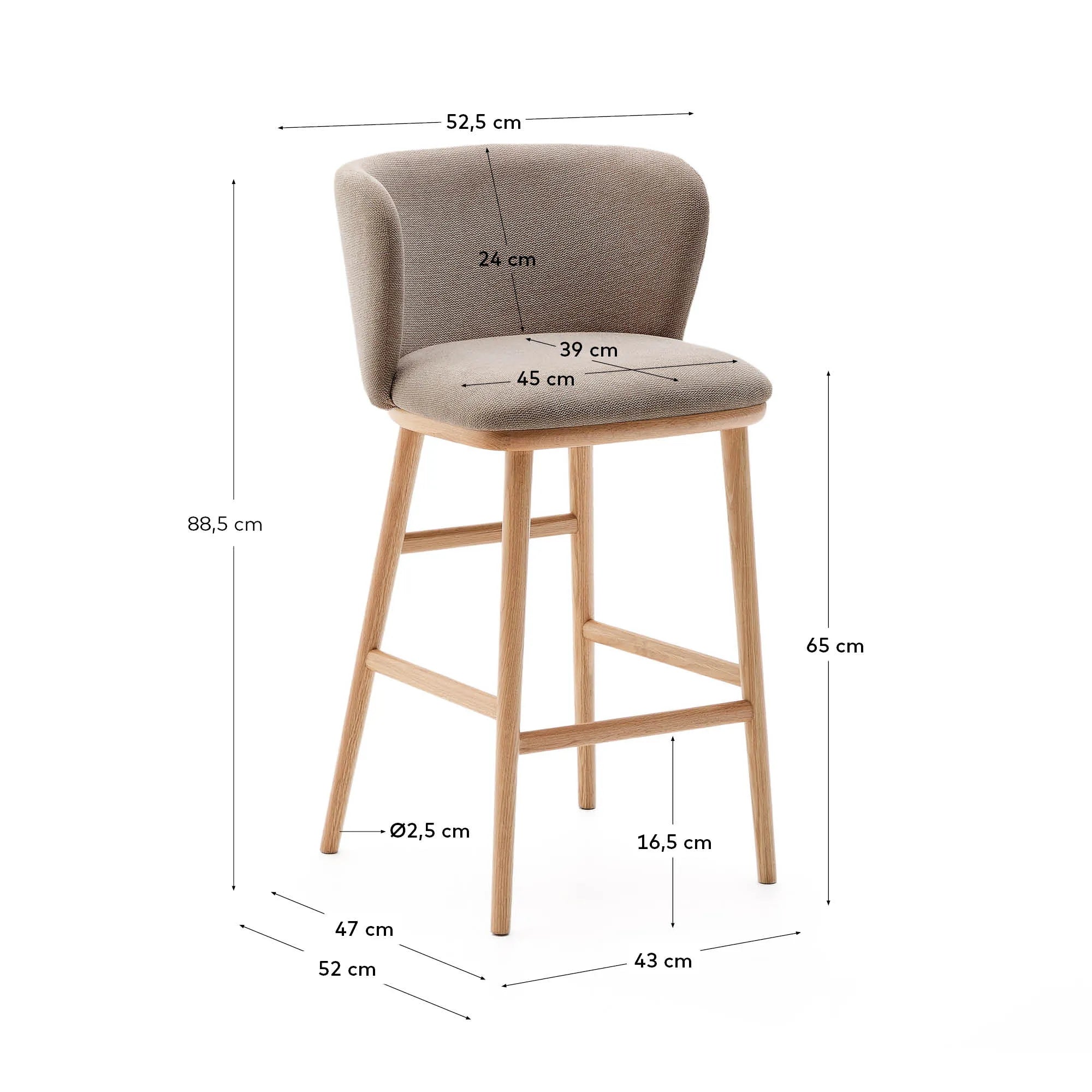 Eleganter Hocker mit brauner Chenille und massiver Esche, 65 cm hoch, ideal für Bar oder Tisch, vereint Komfort und Stil.
