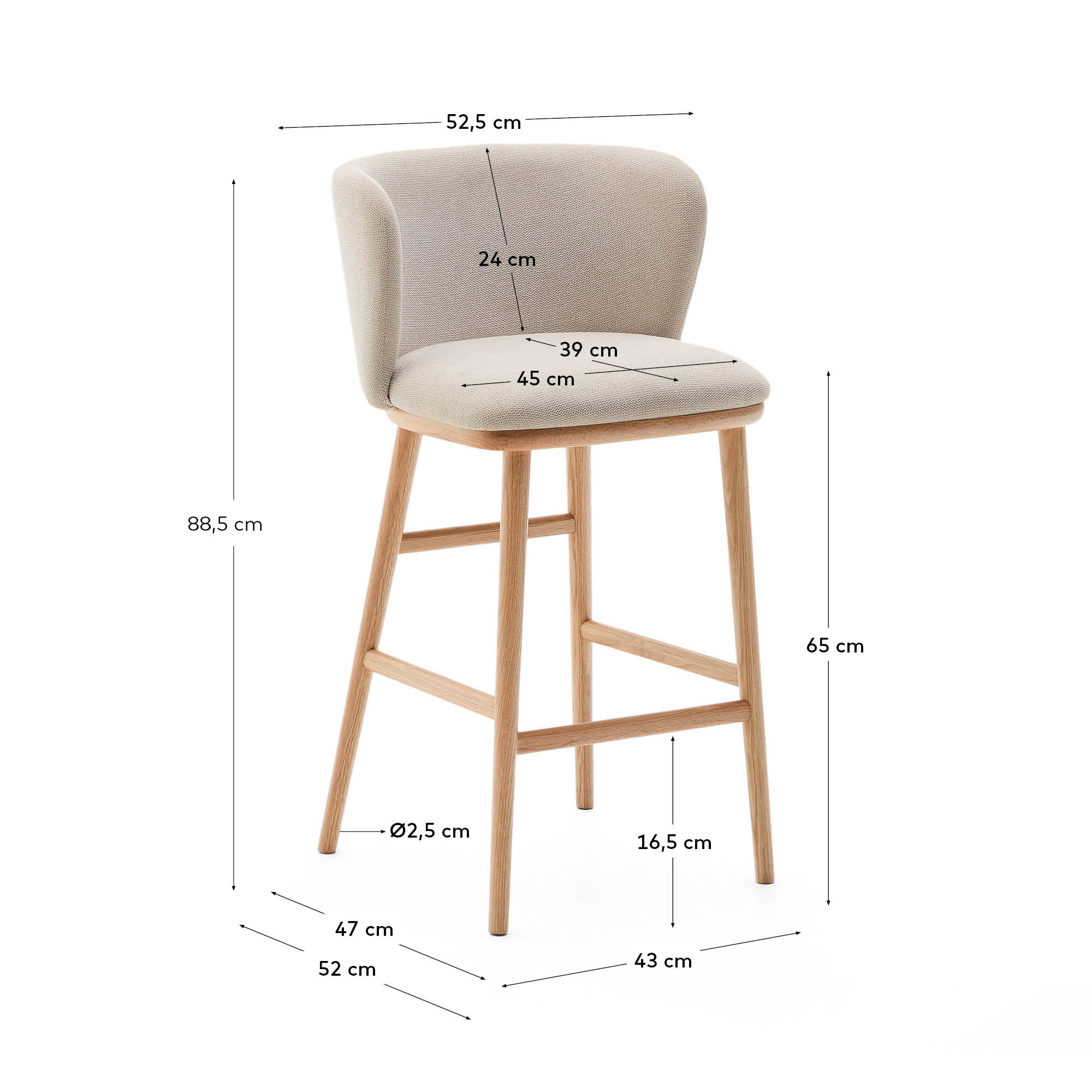Moderner Hocker mit beigem Chenille-Bezug, stabilem Eschenholzgestell in natürlichem Finish, FSC-zertifiziert, Höhe 65 cm.