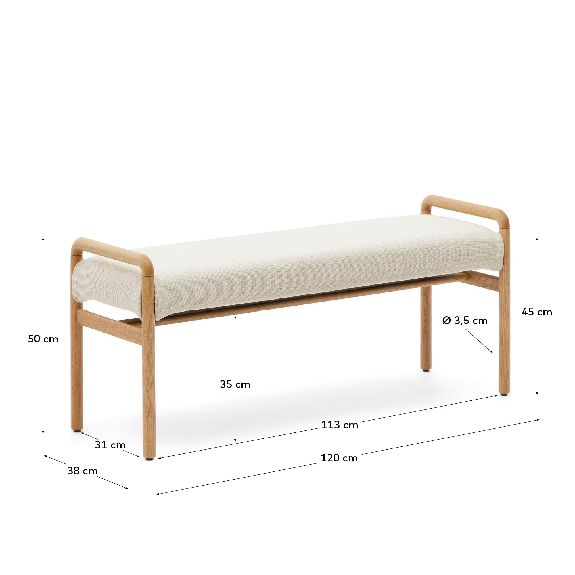 Elegante Polsterbank aus massivem Eichenholz, 120 cm, mit abnehmbarem Bezug und natürlichem Finish, FSC-zertifiziert von Kave Home.