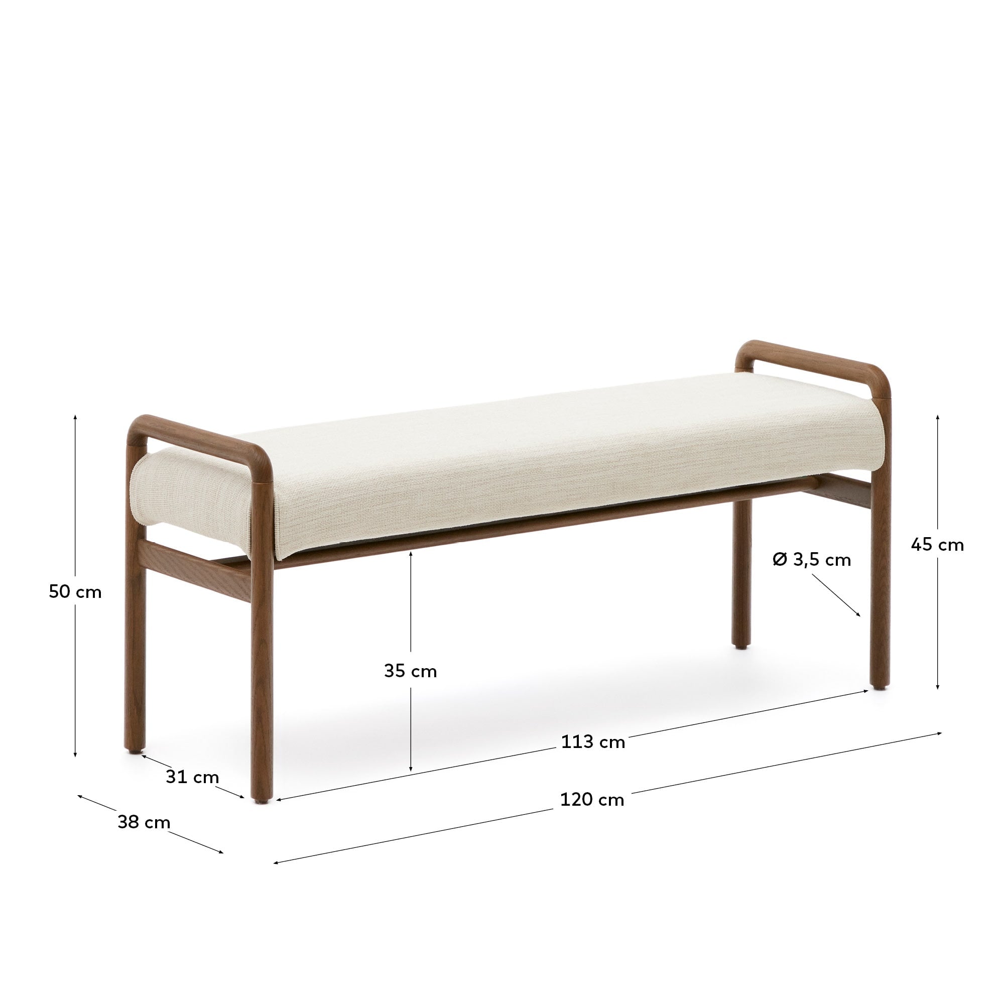 Elegante Polsterbank mit abnehmbarem Bezug, gefertigt aus massivem Eichenholz mit Nussbaum-Finish, 120 cm, FSC-zertifiziert, von Kave Home.