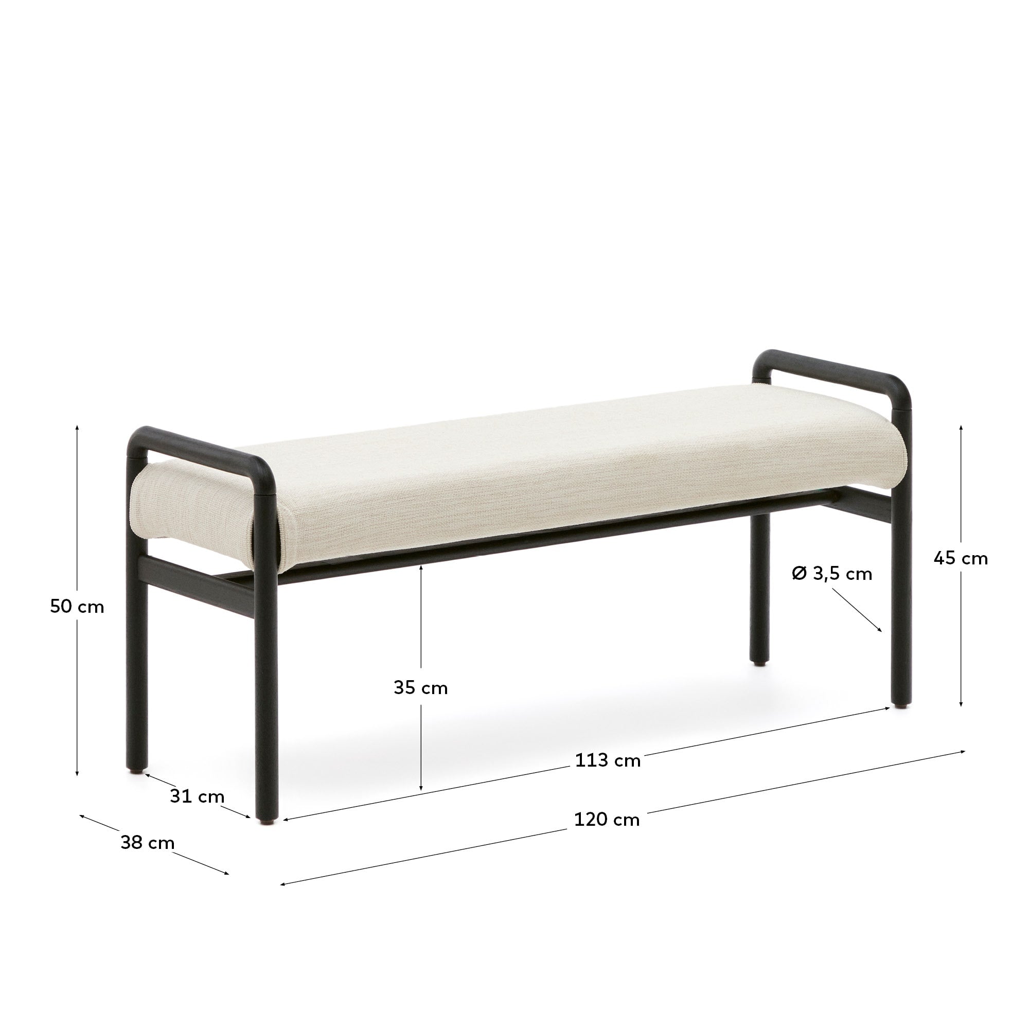 Stilvolle Polsterbank aus FSC-zertifiziertem Eichenholz, 120 cm, mit abnehmbarem Bezug, in elegantem Schwarz von Kave Home.