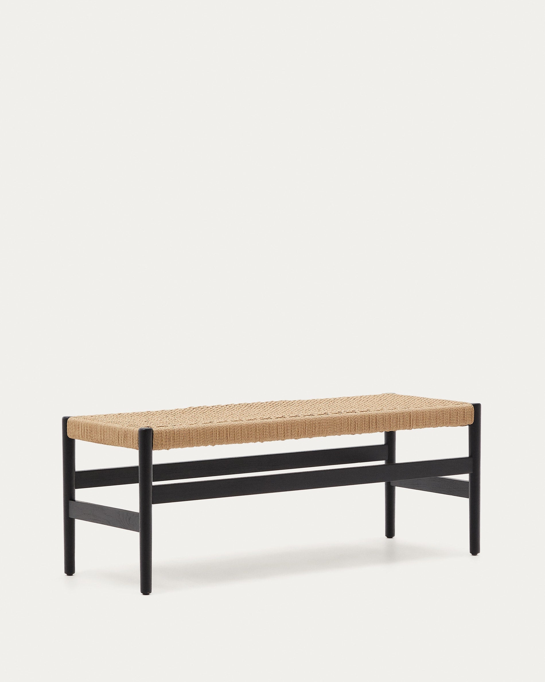 Zaide Bank, 120 cm, aus FSC-zertifiziertem Eichenholz, schwarzes Finish, Seilsitz, modernes und nachhaltiges Design.