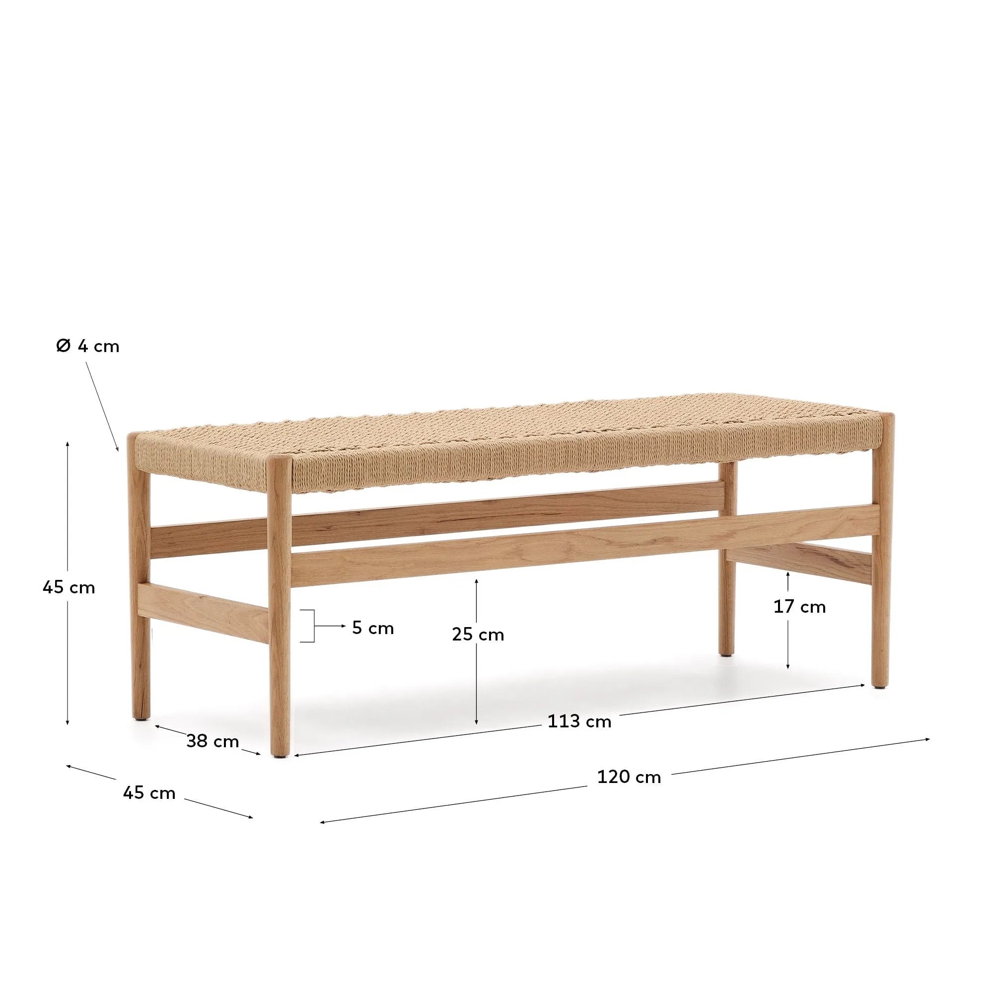 Massive Eichenholzbank mit natürlichem Finish, FSC-zertifiziert, 120 cm, Seilsitzfläche, stilvoll und nachhaltig.