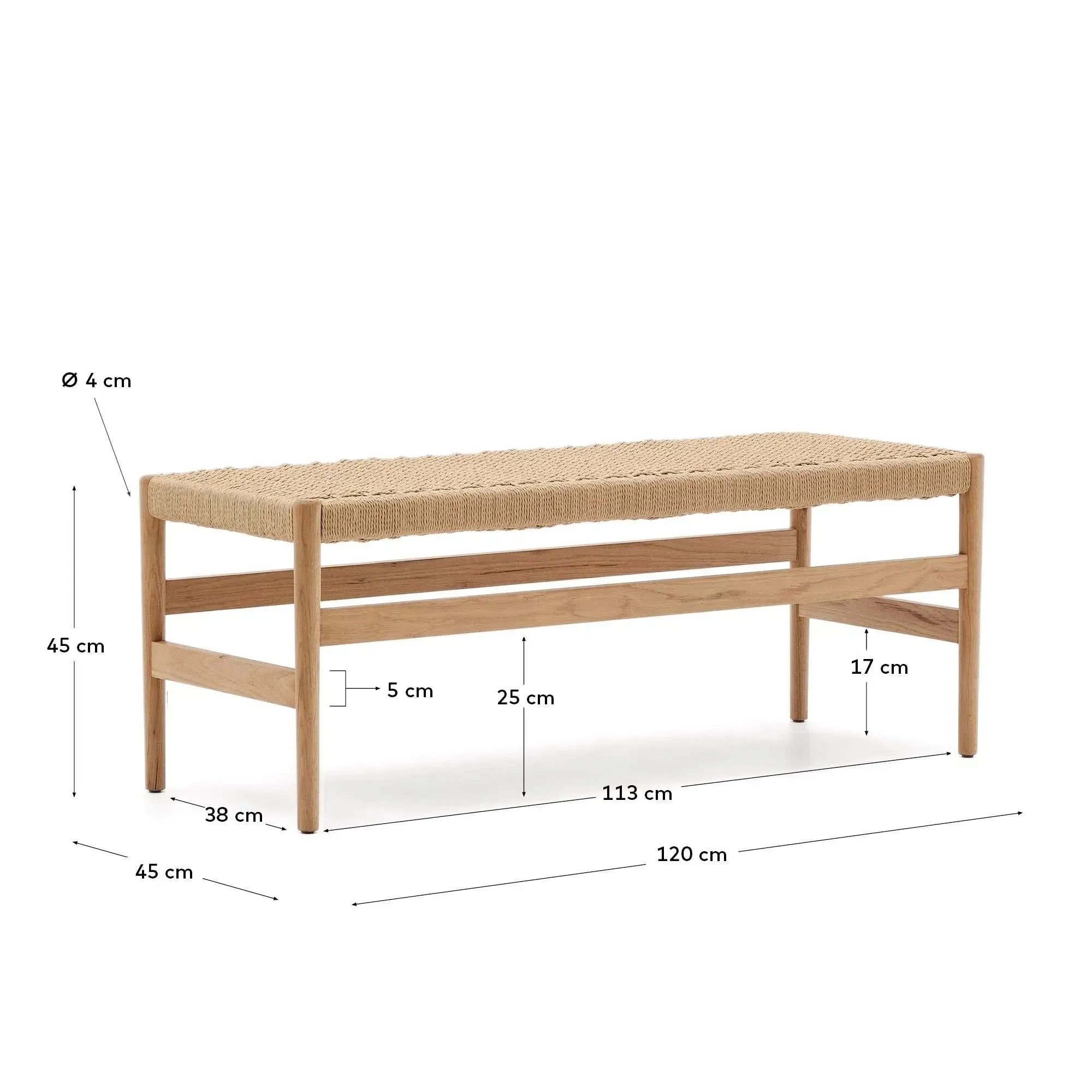 Elegante Bank aus massivem Eichenholz, naturfarben, FSC-zertifiziert, 120 cm, mit geflochtener Seilsitzfläche, nachhaltig und modern.