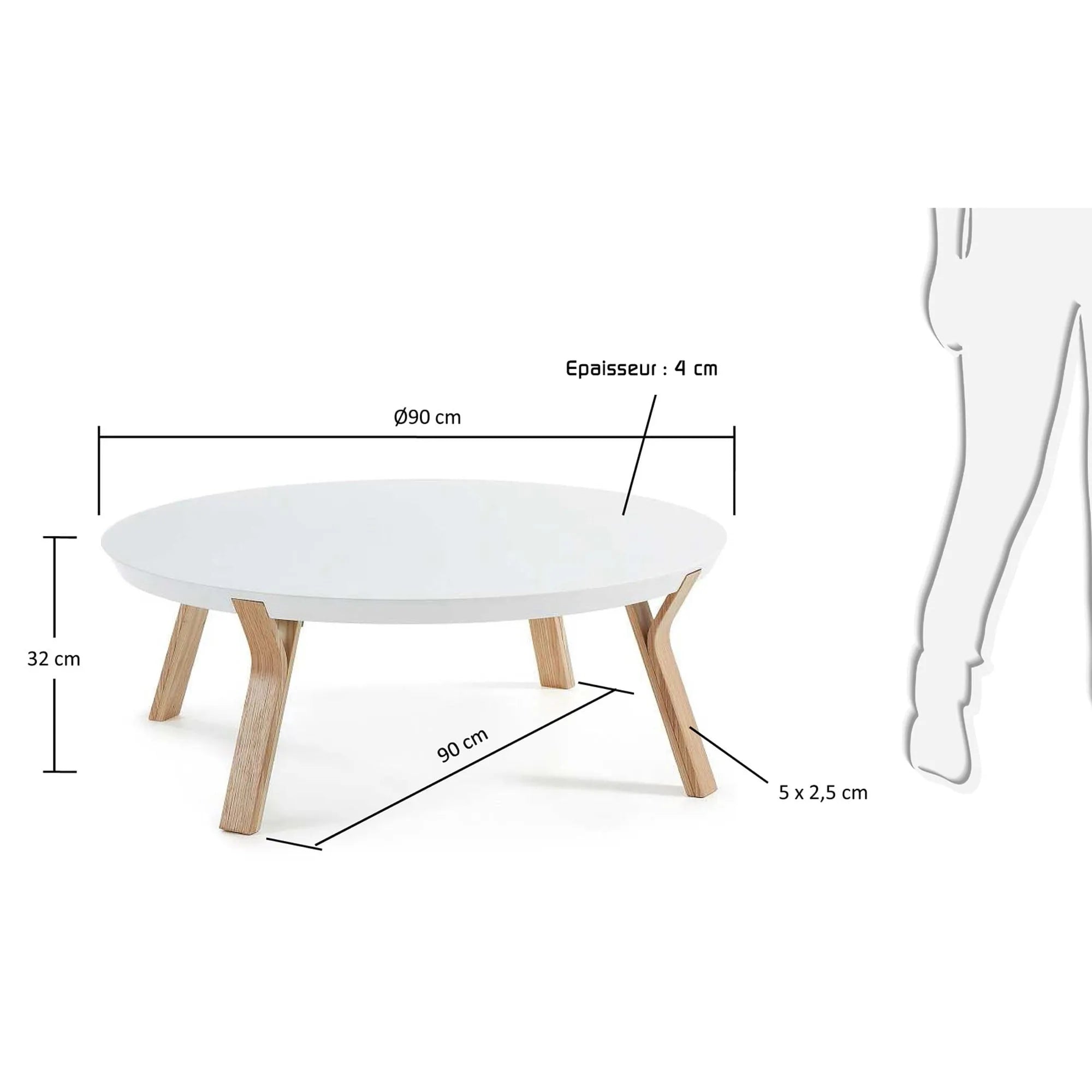 Eleganter Couchtisch aus Eschenholz mit weißer Platte, Ø 90 cm, vereint Robustheit und modernes Design für stilvolle Wohnräume.