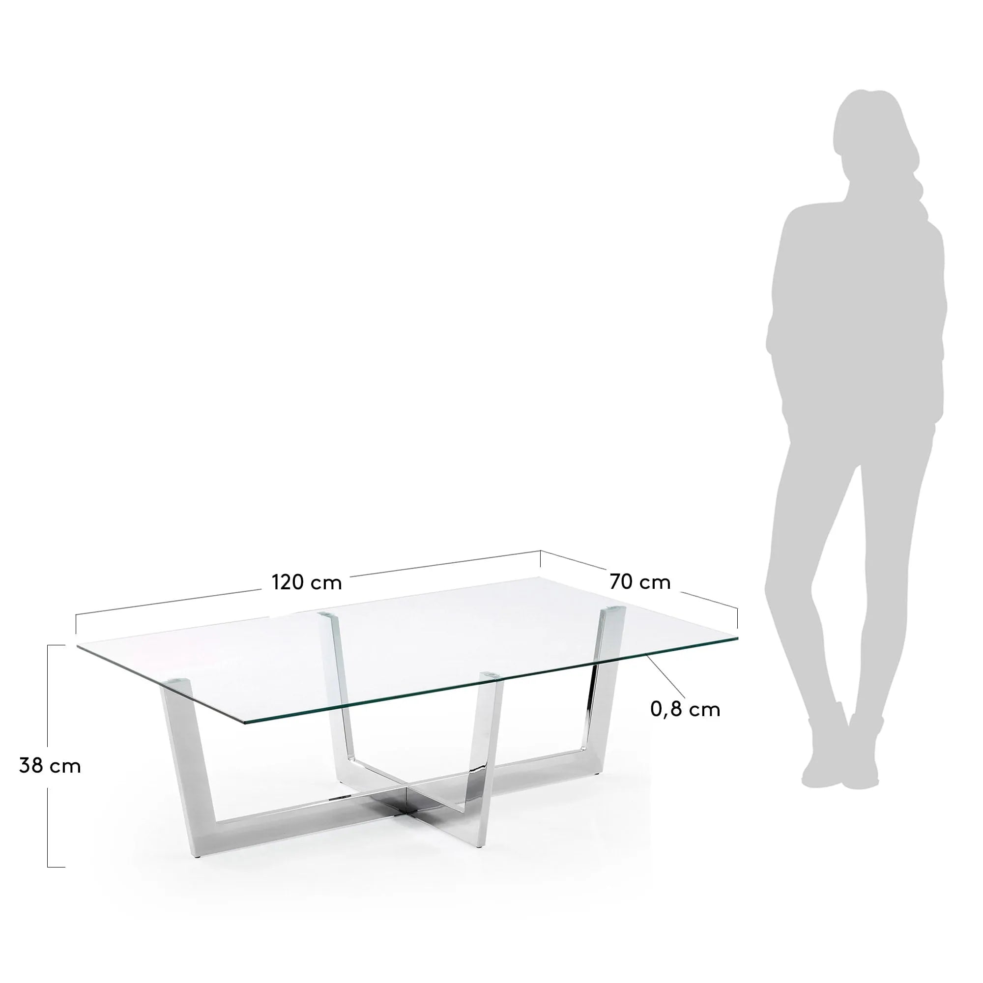 Eleganter Couchtisch aus Glas und Chrom, 120x70 cm, vereint Stil und Funktionalität für moderne Wohnräume.