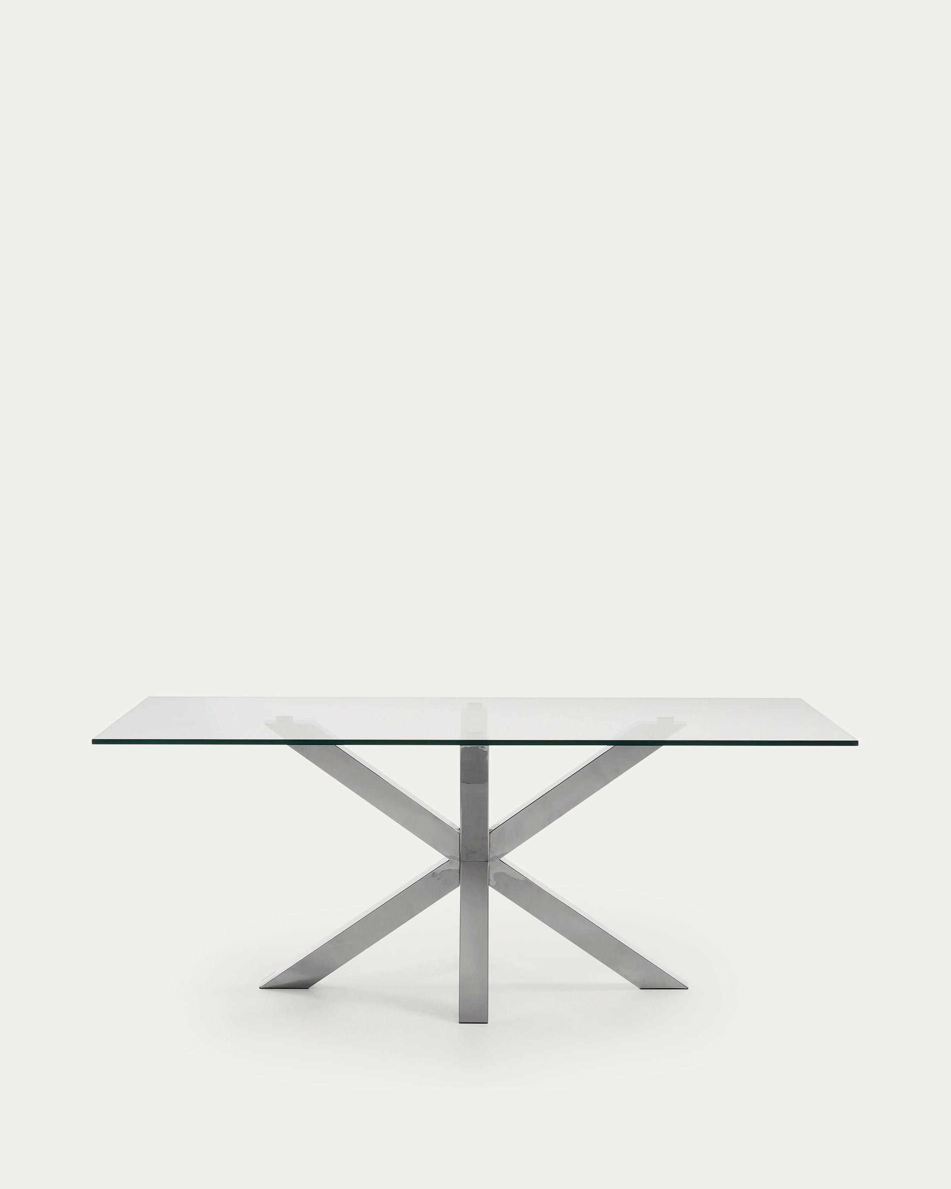 Moderner Argo Tisch mit klarer Glasplatte und robusten Edelstahlbeinen, 200x100 cm, von Kave Home. Perfekt für zeitgemäße Räume.
