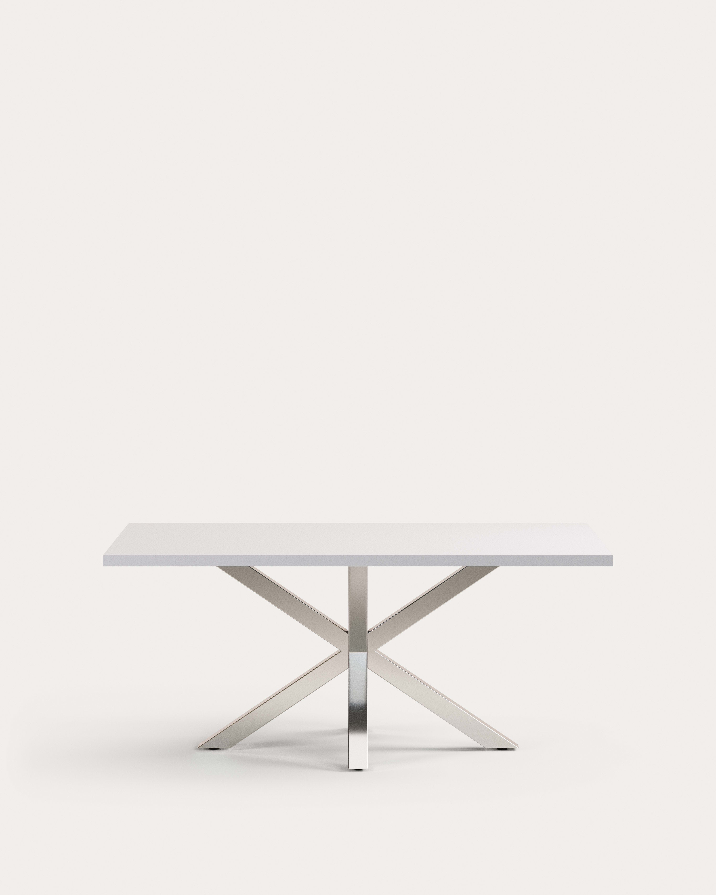 3D-Modell des Tischs Argo: Weisse Melaminplatte, Edelstahlbeine, 180x100 cm, modern und stabil.