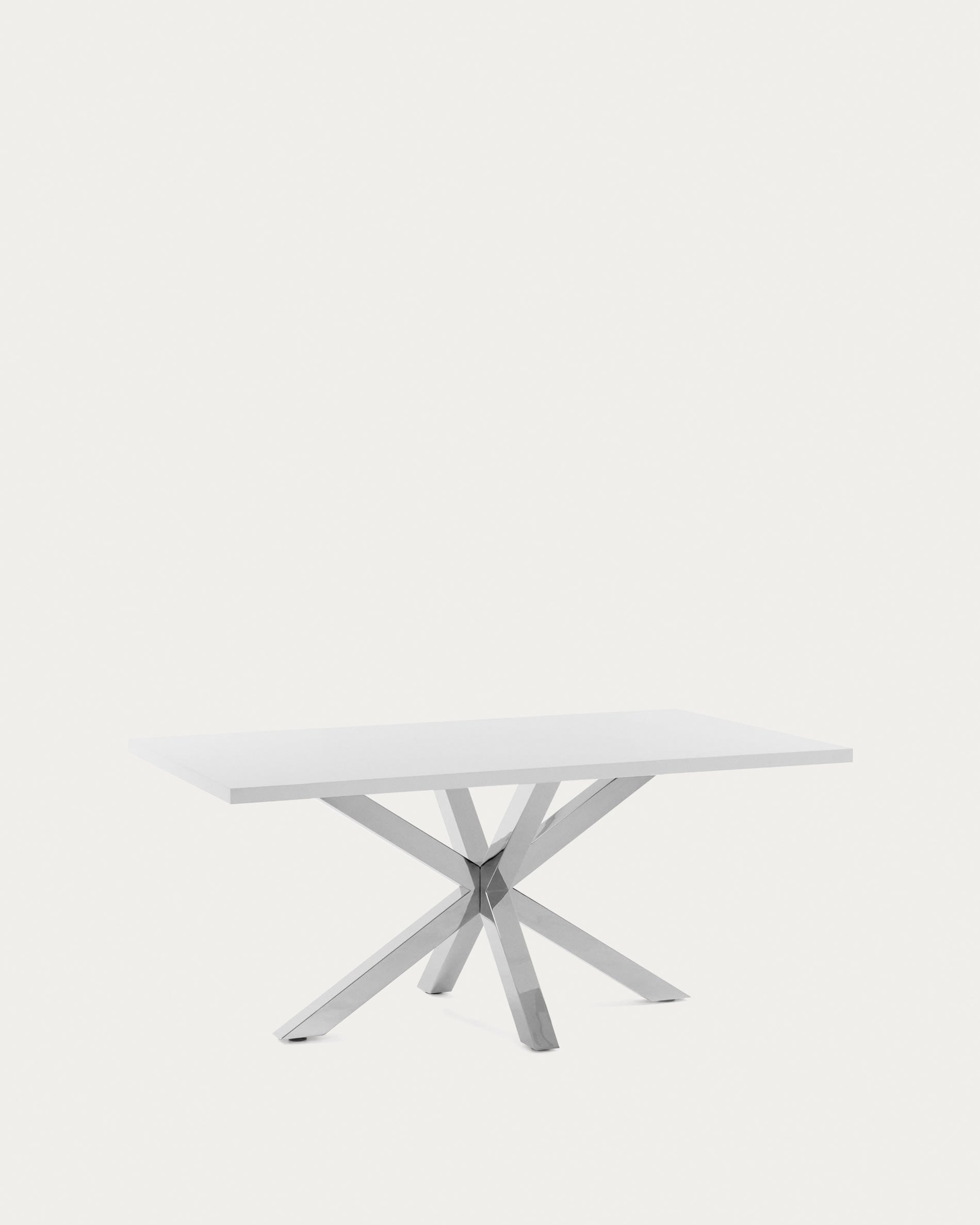 Moderner Tisch Argo: Weiße Melamin-Oberfläche, Edelstahlbeine, 180x100 cm, stilvoll und robust, ideal für Esszimmer oder Büro.