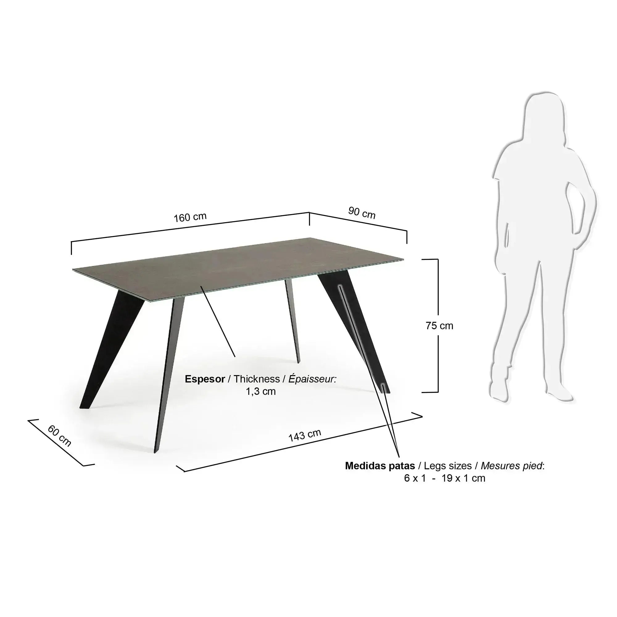 Moderner Koda Tisch 160x90 cm mit langlebiger Feinsteinzeugplatte in Iron Moss Finish und schwarzen Stahlbeinen von Kave Home.