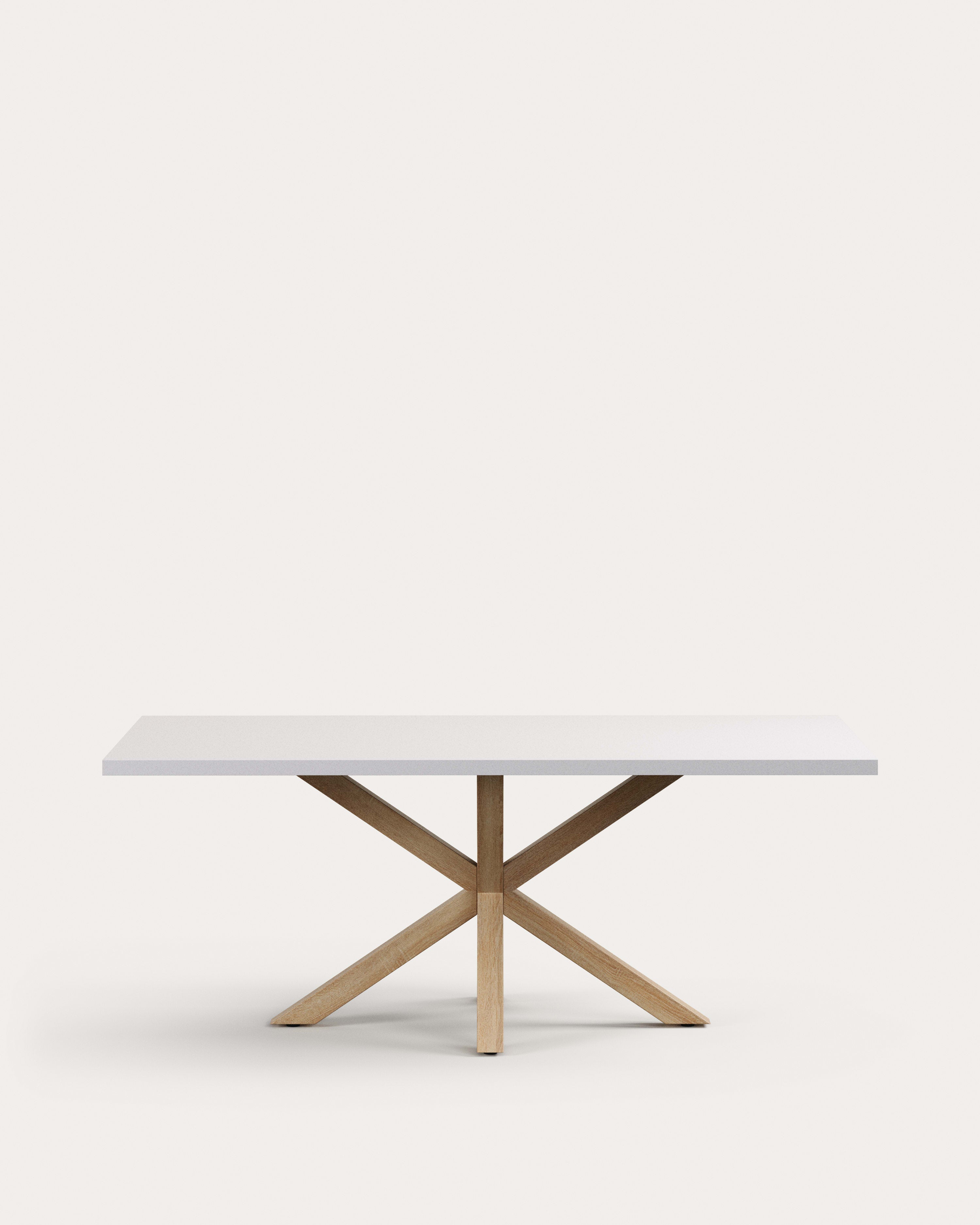 3D-Modell des Tischs Argo: Weisse Melaminplatte, Stahlbeine in Holzoptik, 200x100 cm, elegantes Design für stilvolle Dinner.