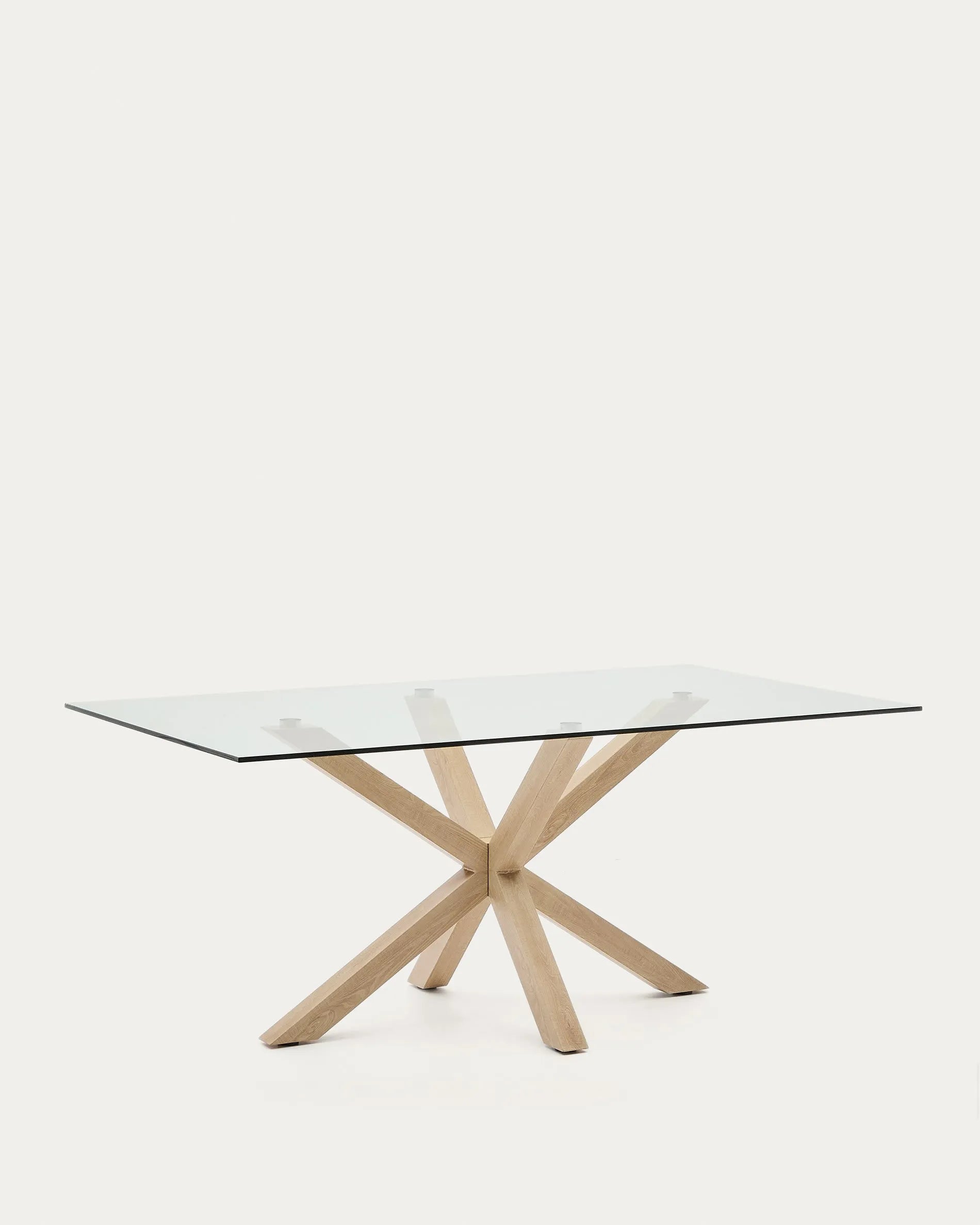 Moderner Tisch mit Glasplatte und Stahlbeinen in Holzoptik, 180x100 cm, ideal für stilvolle Esszimmer.