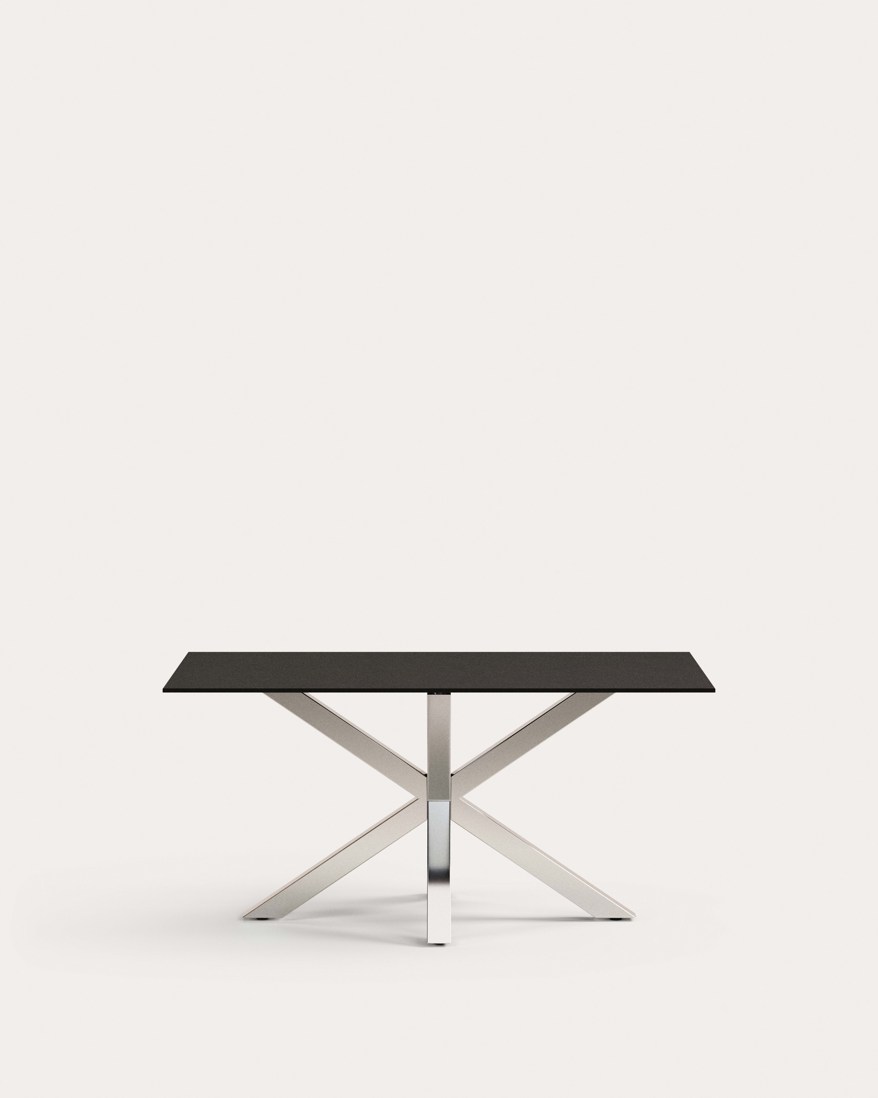 3D-Modell: Tisch Argo, schwarzes Milchglas, Edelstahlbeine, 160x90 cm, elegant, robust, ideal für 6 Personen.