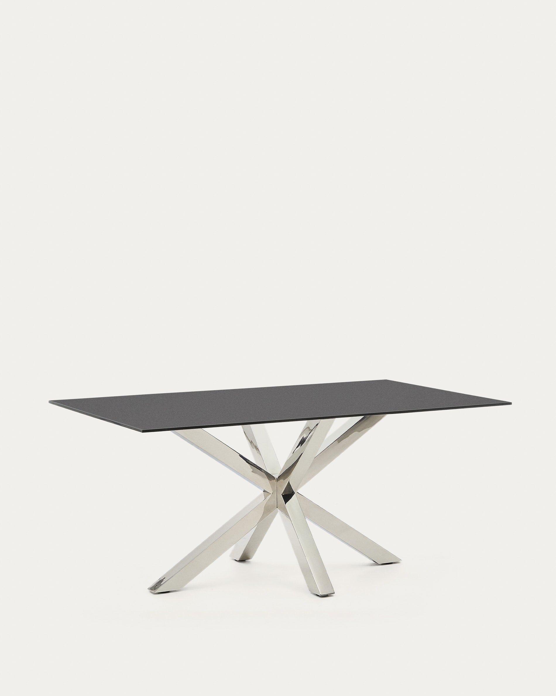 Moderner Tisch Argo: Schwarzes Milchglas trifft auf Edelstahlbeine, 160x90 cm – stilvoll und funktional für Ihr Zuhause.