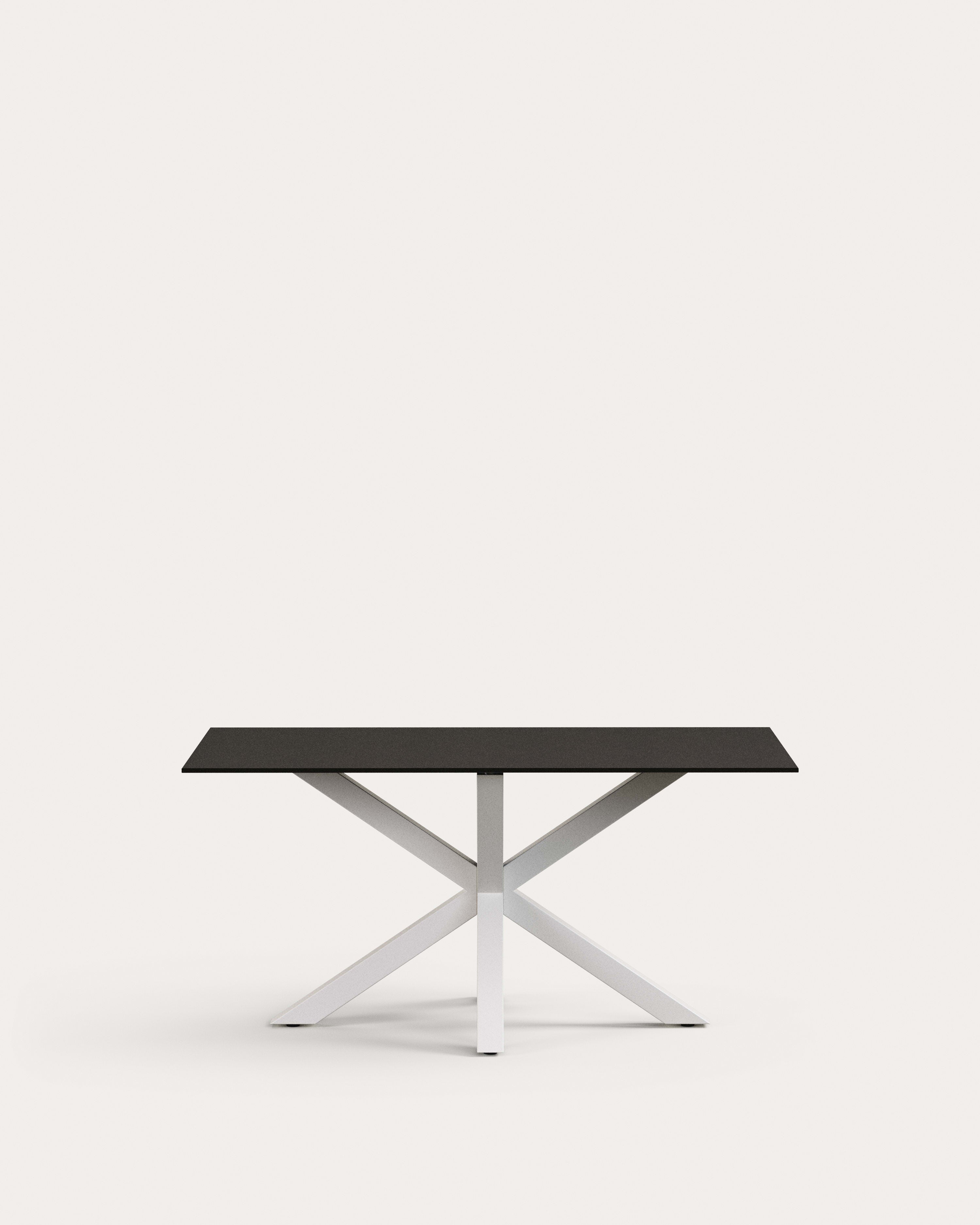 3D-Modell: Tisch Argo, schwarzes Milchglas, weisse Stahlbeine, 160x90 cm. Modern, stilvoll, ideal für gesellige Runden.
