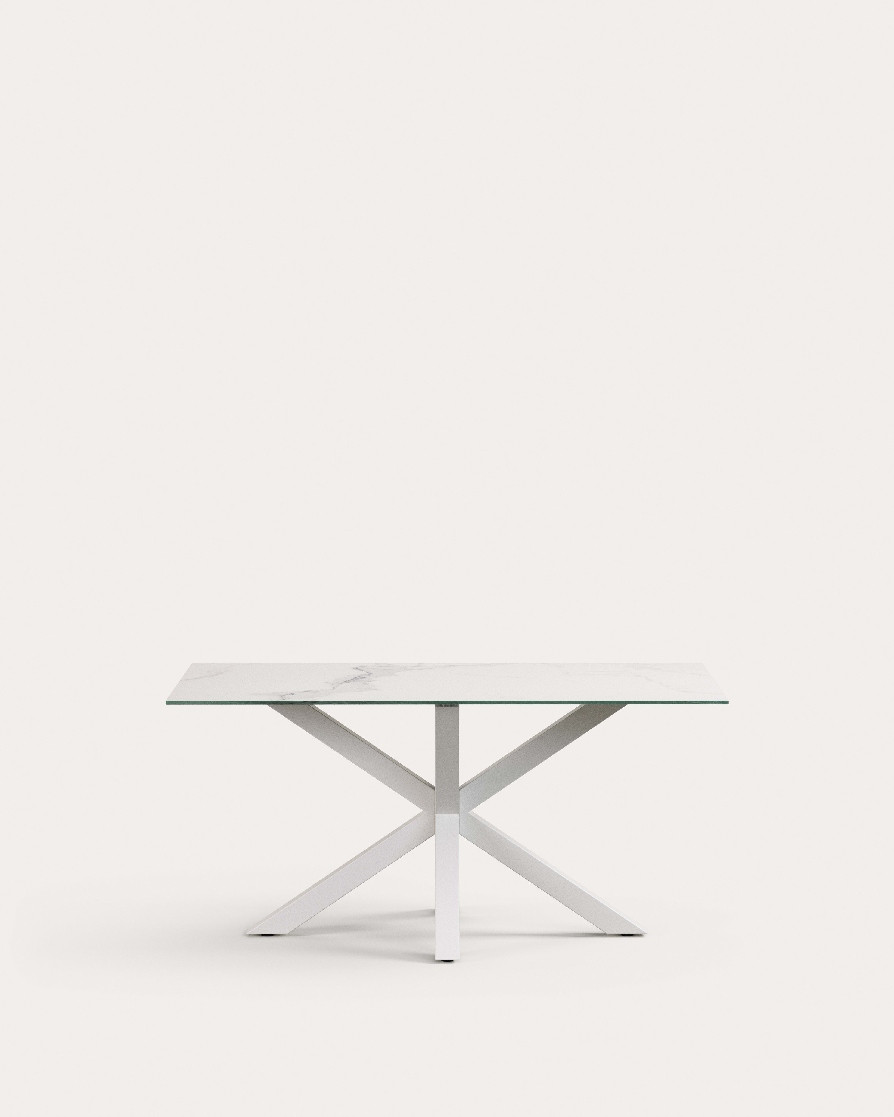 Moderner Tisch Argo: Weisses Kalos-Porzellan, Stahlbeine, 160x90 cm. Elegant, langlebig, ideal für stilvolle Dinner.