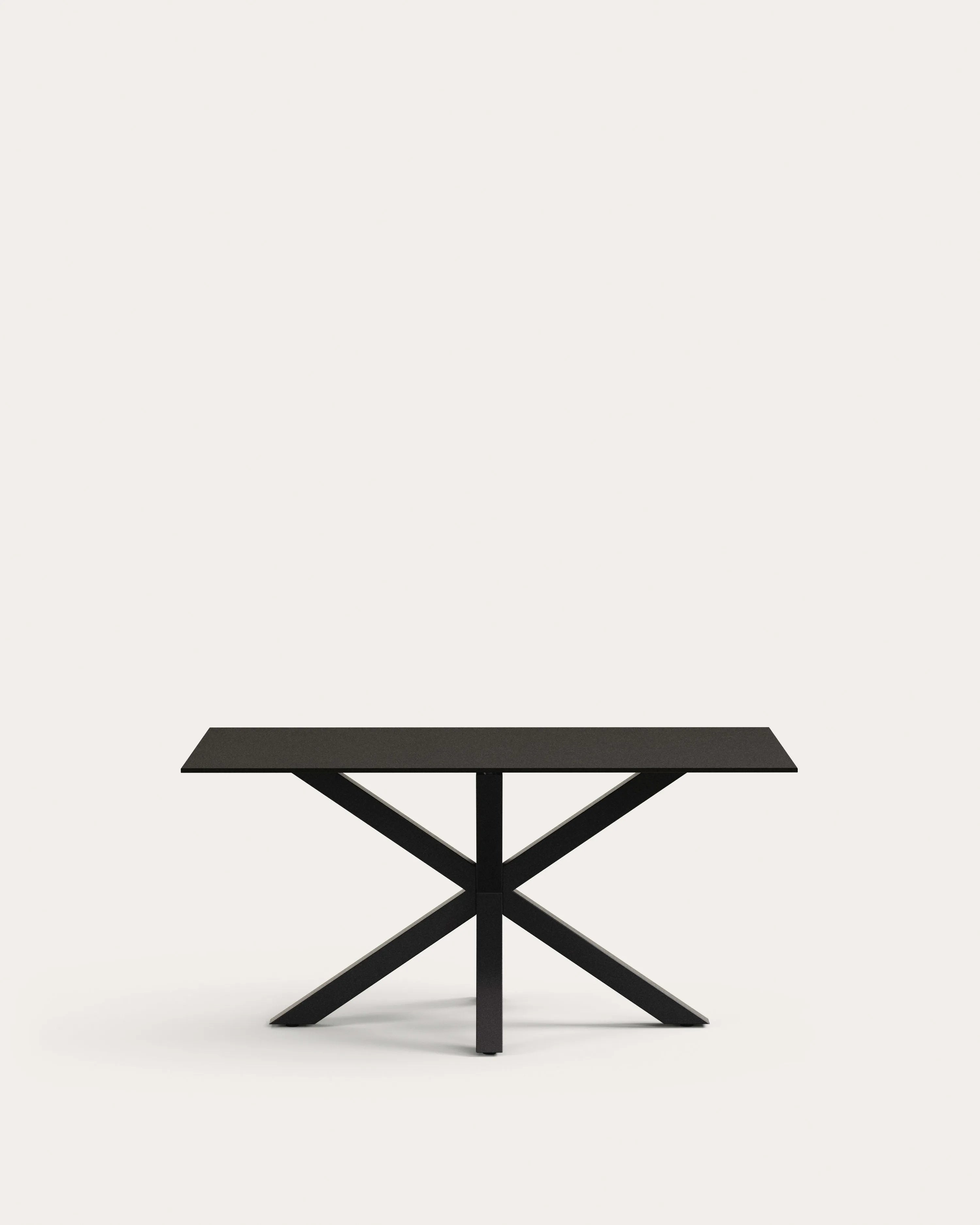 3D-Modell des Argo Tisches: Schwarzes Glas, schwarze Stahlbeine, 160x90 cm. Modernes Design, ideal für stilvolle Esszimmer.
