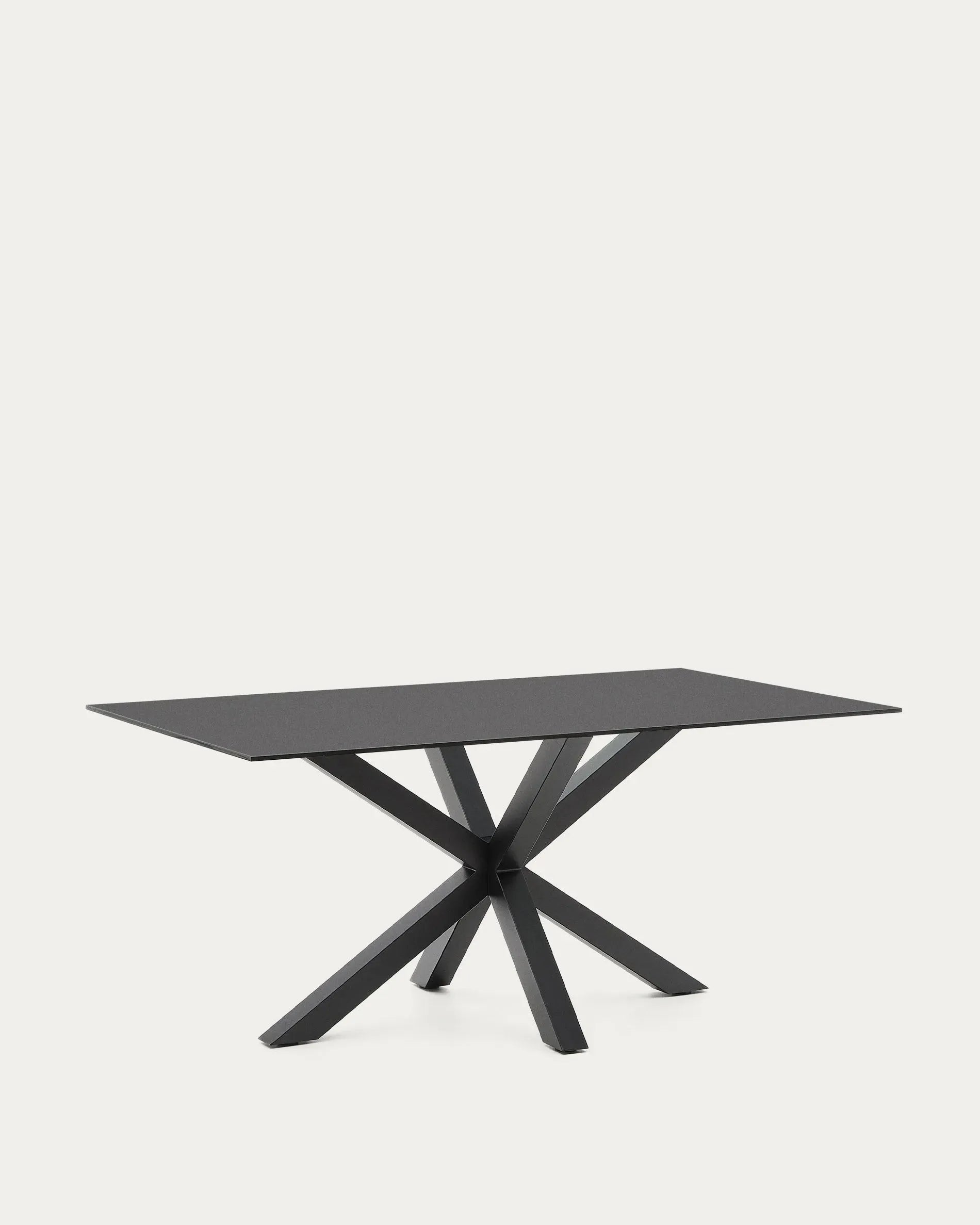 Eleganter Argo Tisch mit schwarzer Glasplatte und robusten Stahlbeinen, 160x90 cm, perfekt für moderne Wohn- und Essbereiche.