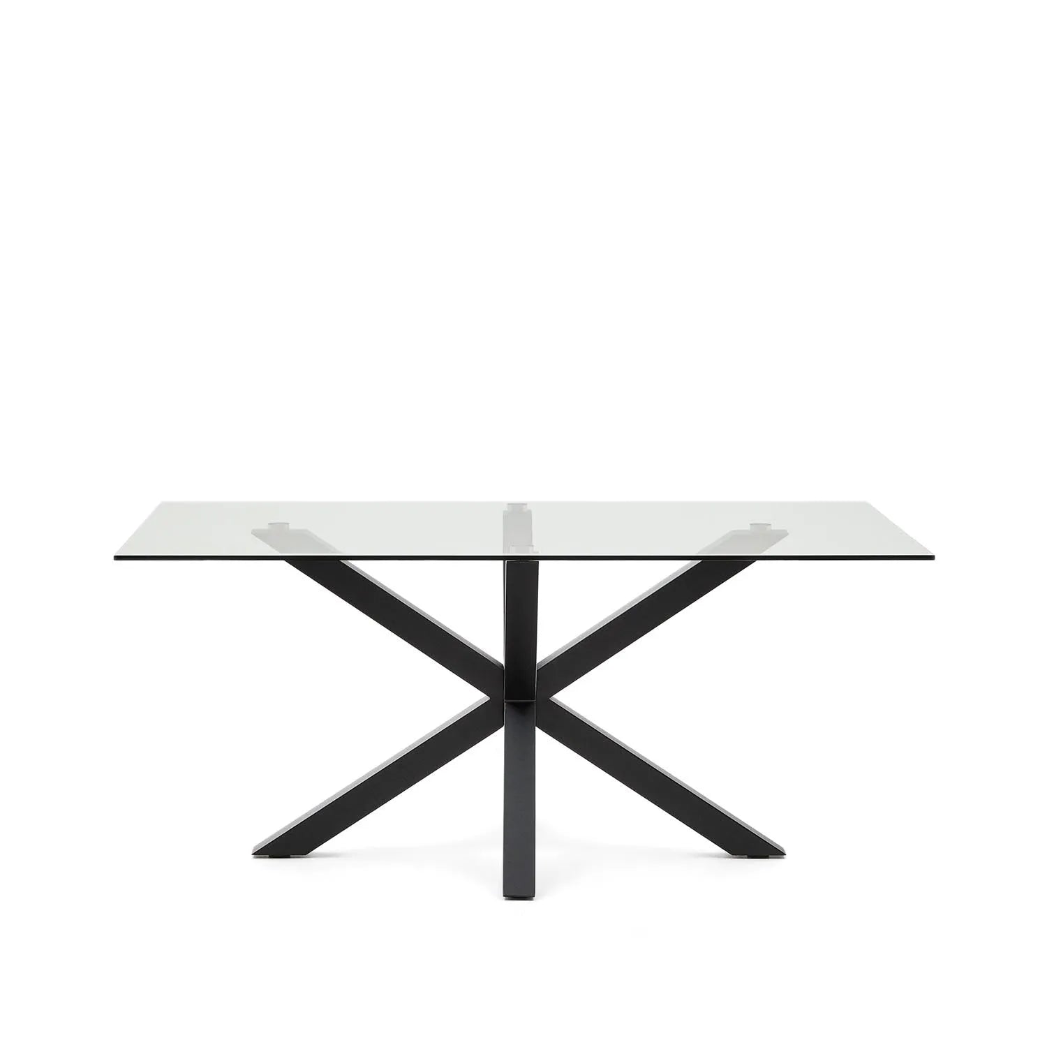 3D-Modell: Argo Tisch, 160x90 cm, Glasplatte, schwarze Stahlbeine. Modern, stabil, ideal für Esszimmer. AR-kompatibel.