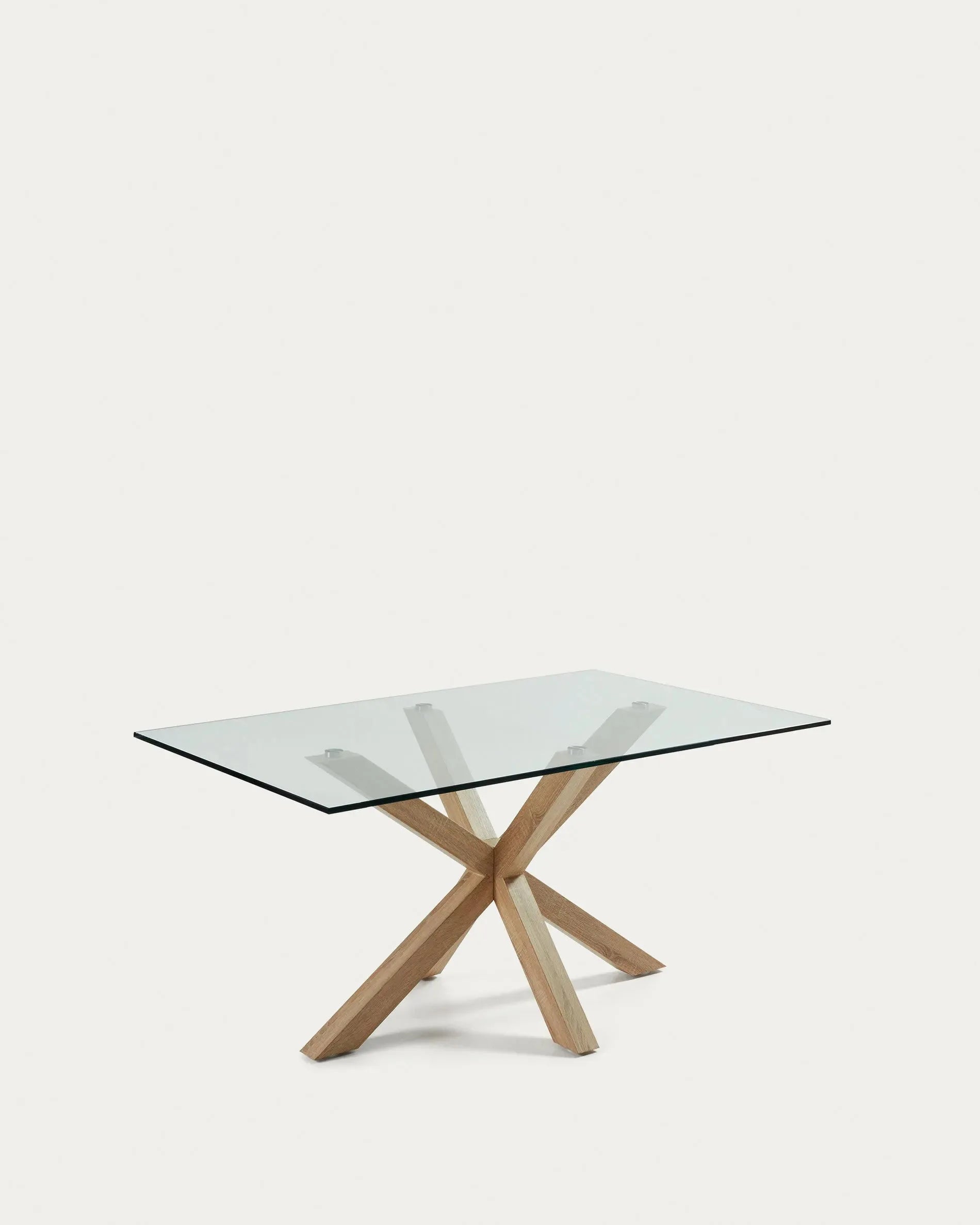 Moderner Argo Tisch mit Glasplatte und Stahlbeinen in Holzoptik, 160x90 cm, ideal für stilvolle Wohn- und Arbeitsbereiche.