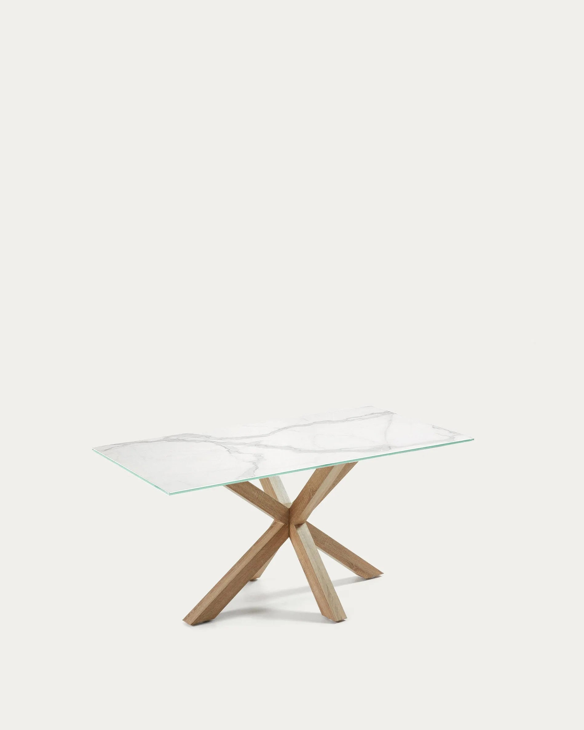 Moderner Argo Tisch: Weiße Feinsteinzeugplatte, Stahlbeine mit Holzeffekt, 160x90 cm, stilvoll und robust.