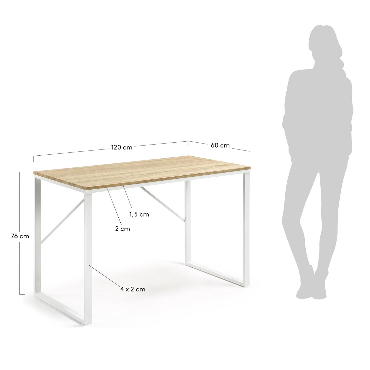 Eleganter Talbot Schreibtisch: Natur-Melamin & weiße Stahlbeine, 120x60cm.