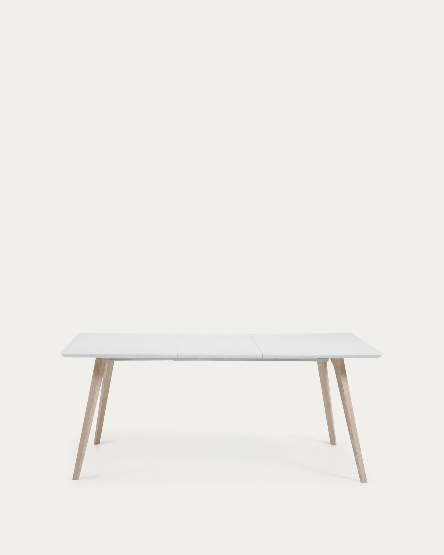 Eunice Esstisch, ausziehbar 140-220 cm, weiße Beine aus massivem Eschenholz, modernes Design, perfekt für elegante Räume.