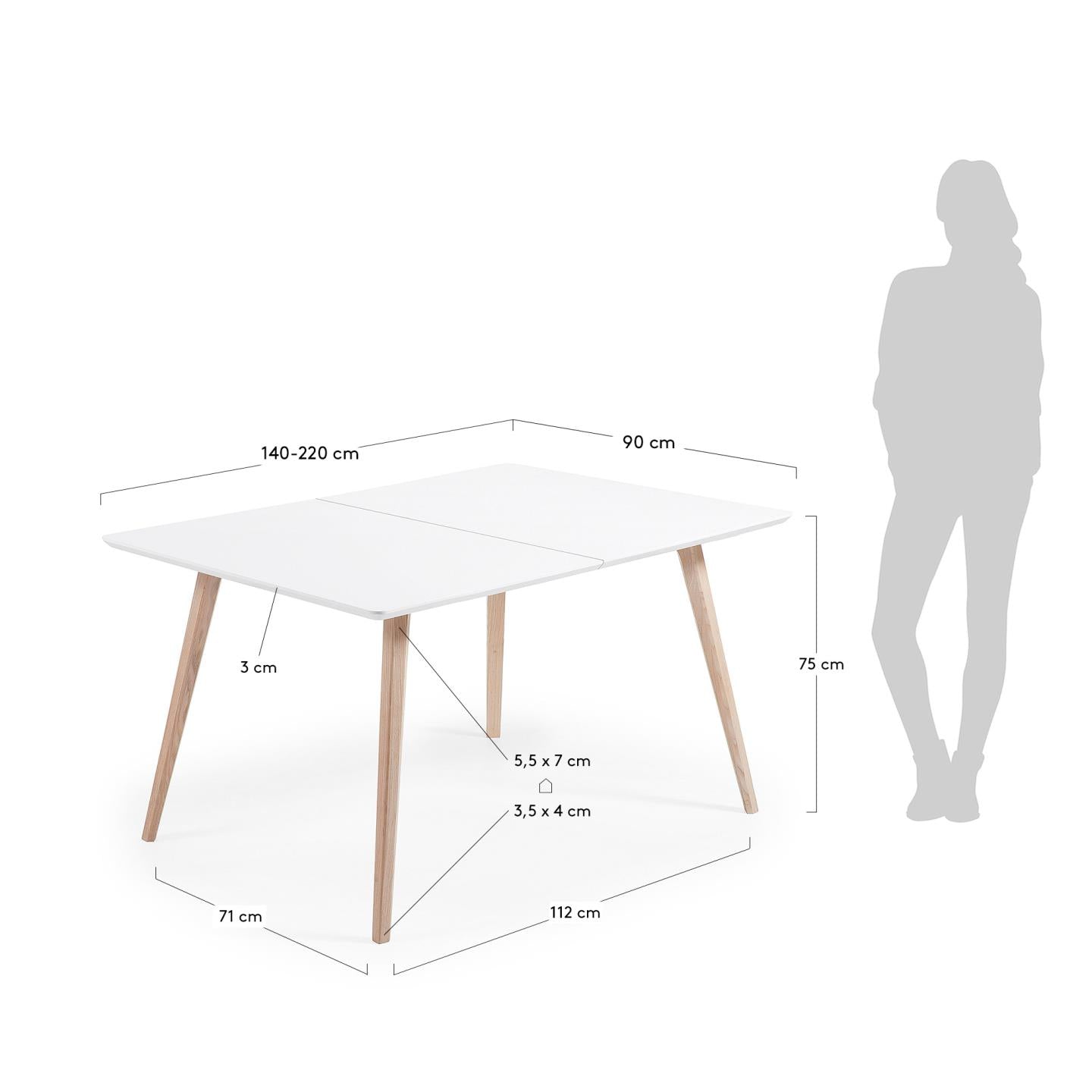Eunice ausziehbarer Tisch 140-220 cm, weiße Eschenholzbeine, modernes Design, ideal für elegante und funktionale Esszimmer.