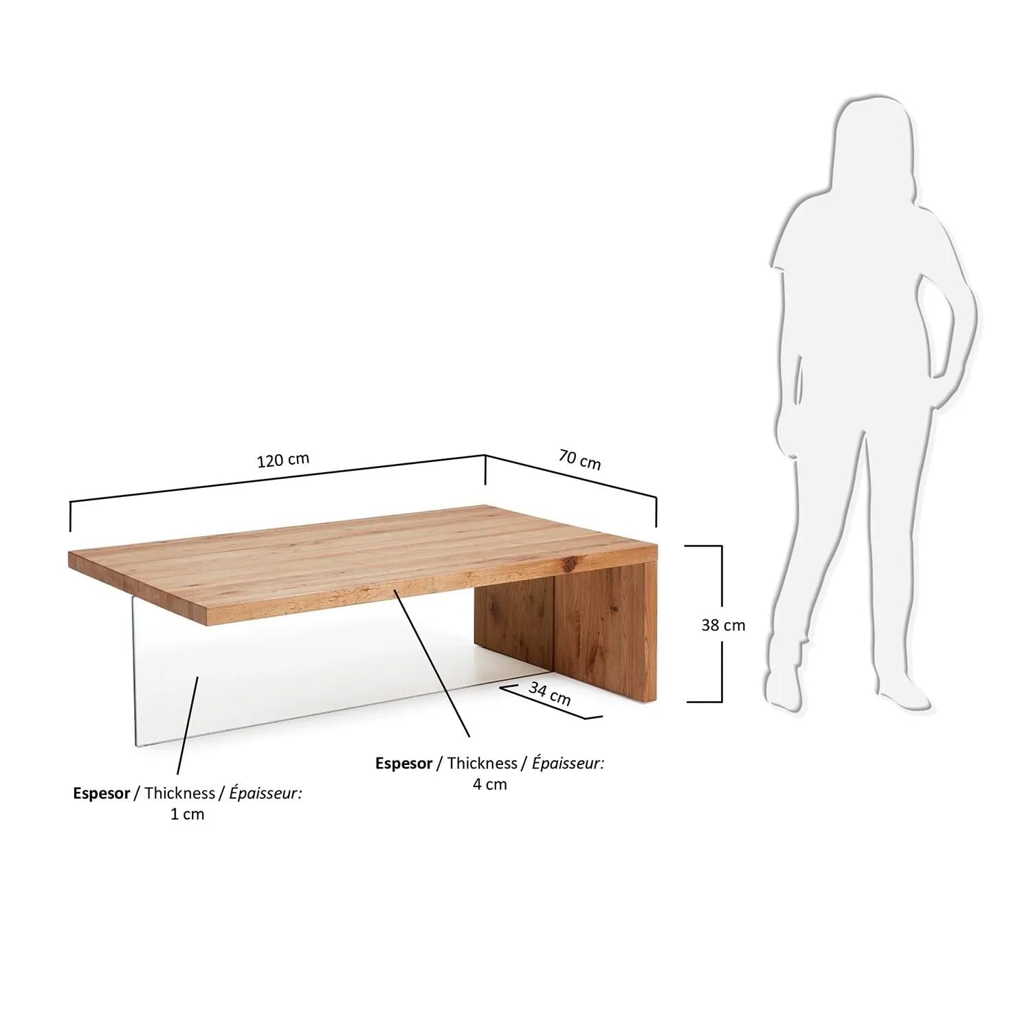 Moderner Tulsi Couchtisch aus Eiche und Glas, 120x70 cm, Kave Home.